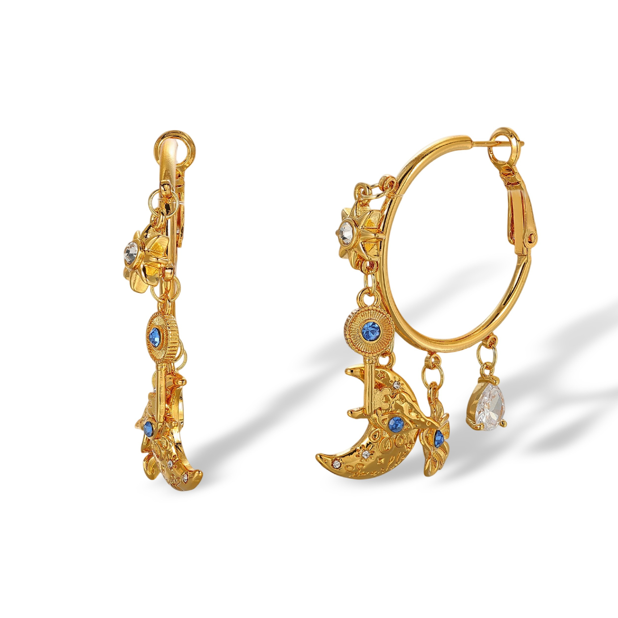 Vincenza 18K Gold Moon Key Floral Hoop Earrings