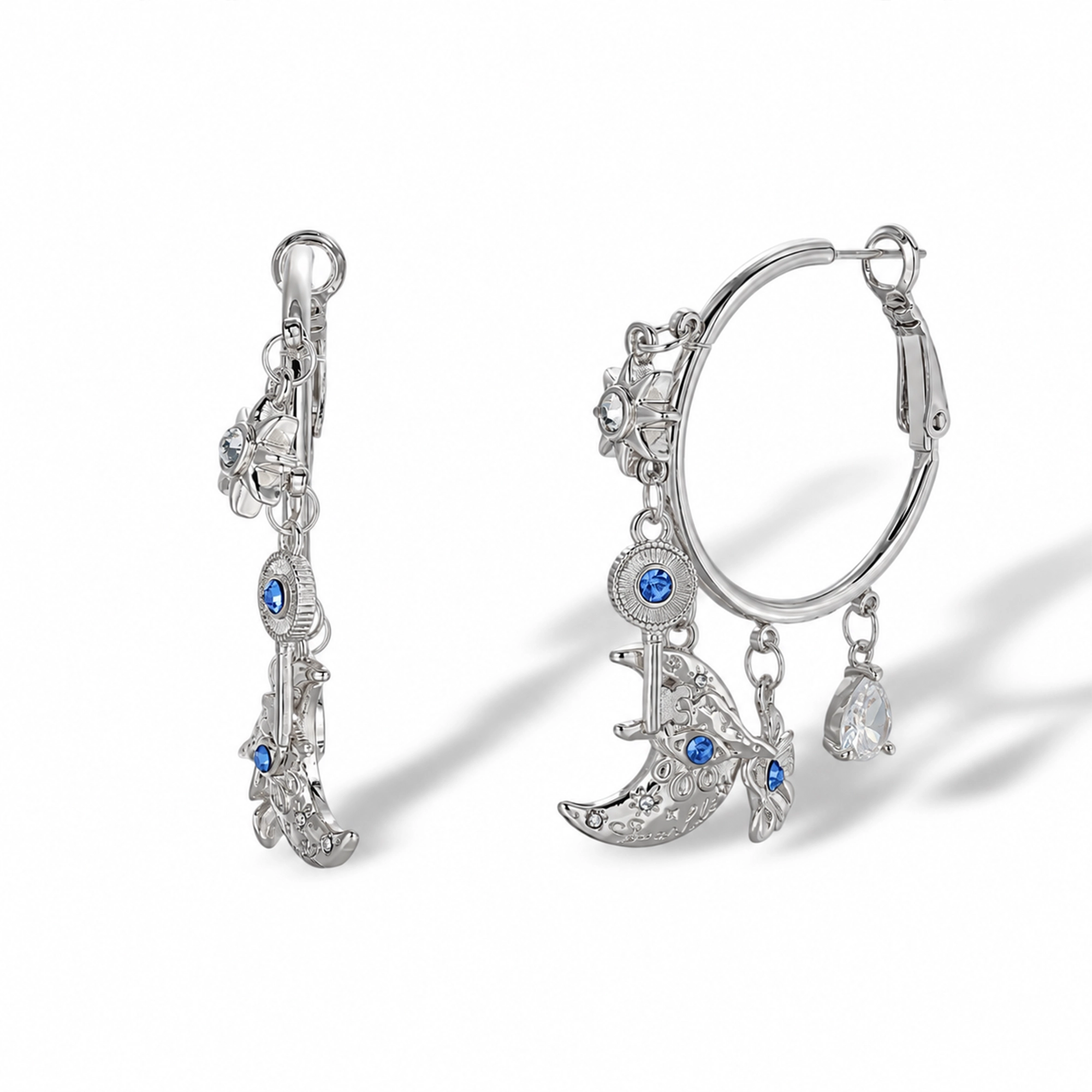 Vincenza 18K Gold Moon Key Floral Hoop Earrings
