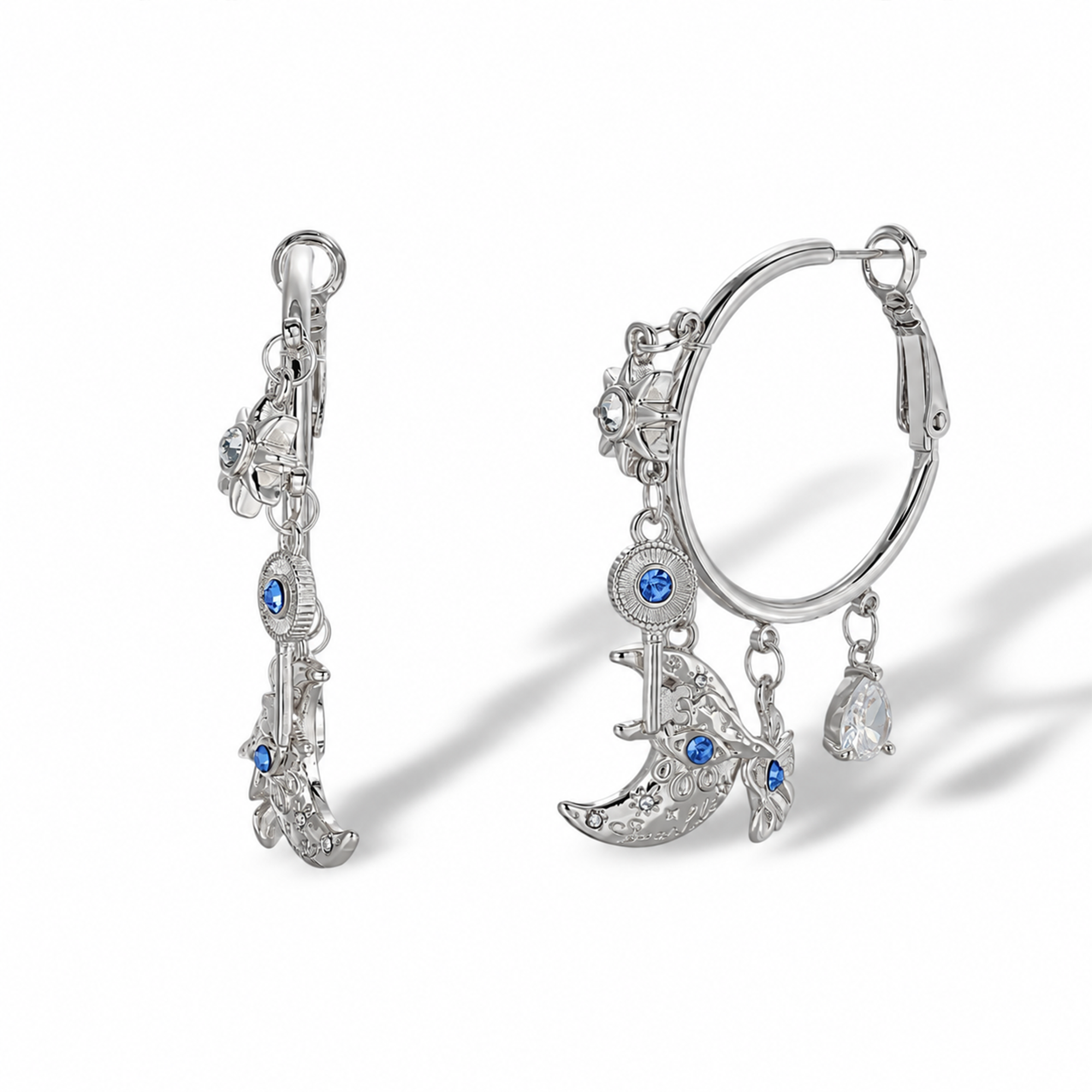 Vincenza 18K Gold Moon Key Floral Hoop Earrings