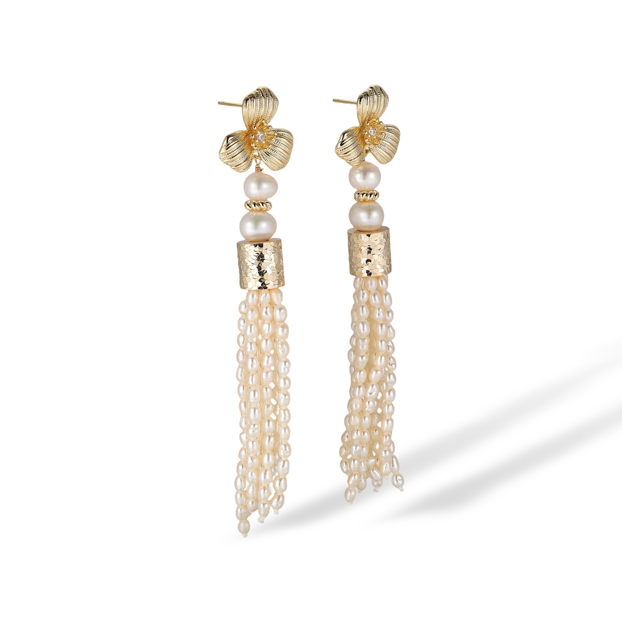 Aspasie White Pearl Floral Tassel Drop Earrings