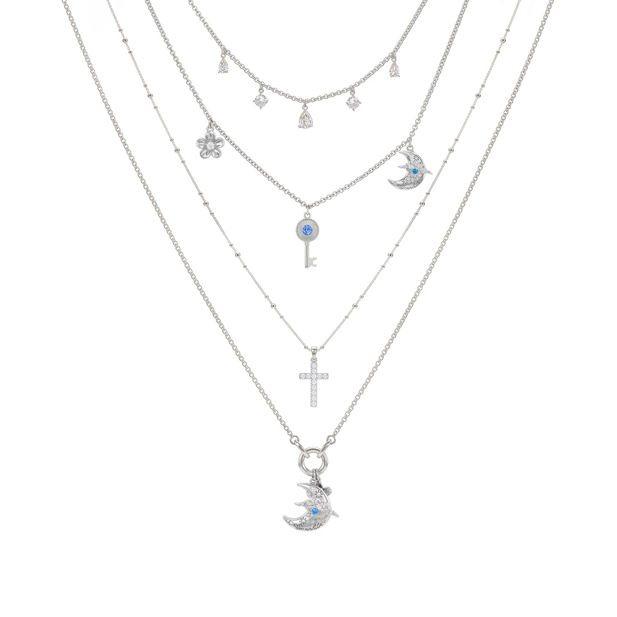 Baldlind 14K Gold Moon Key Cross Floral Layer Necklace