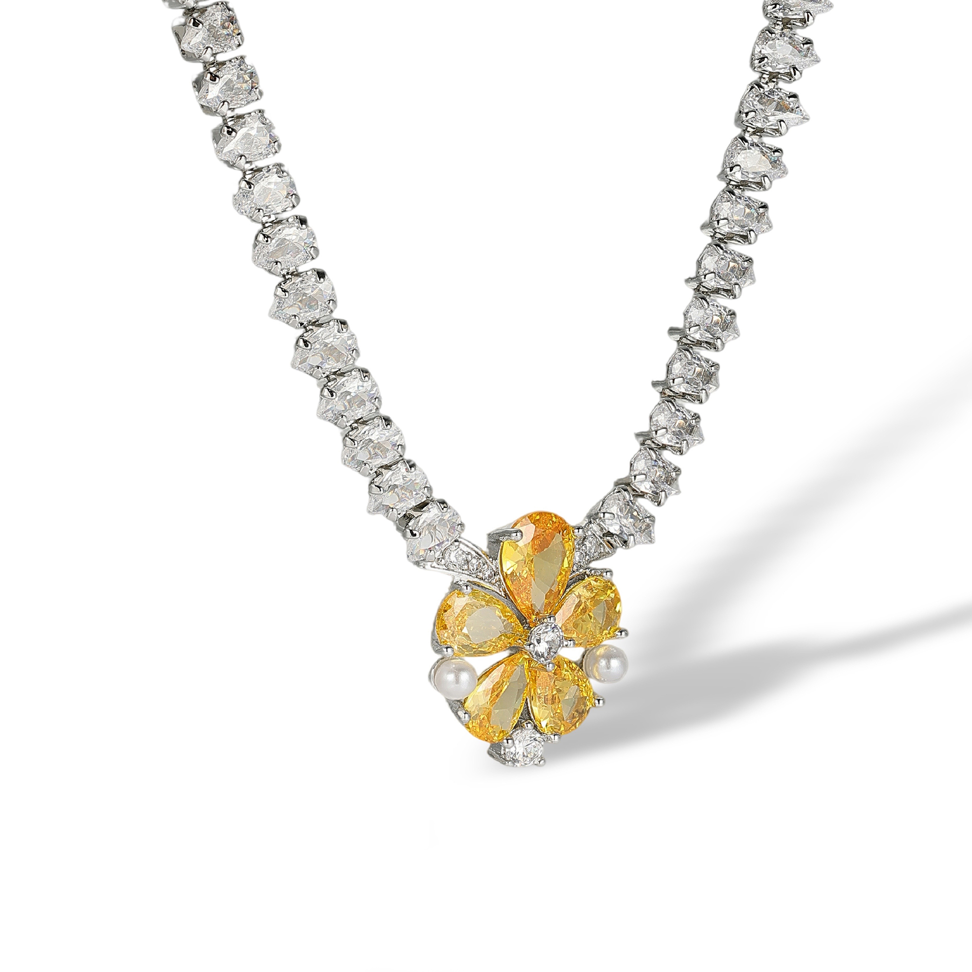 Chaldène Yellow Floral Pearl Stud Earrings & Necklace Set