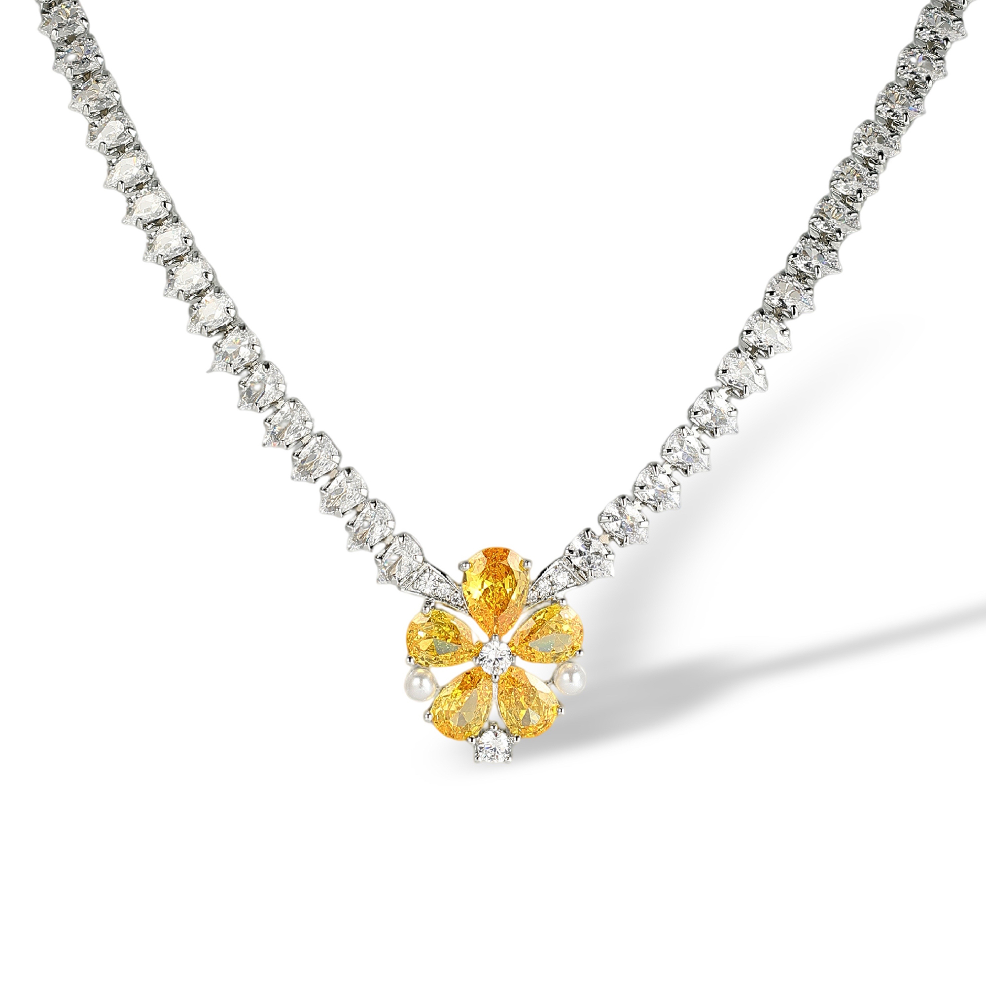 Chaldène Yellow Floral Pearl Stud Earrings & Necklace Set