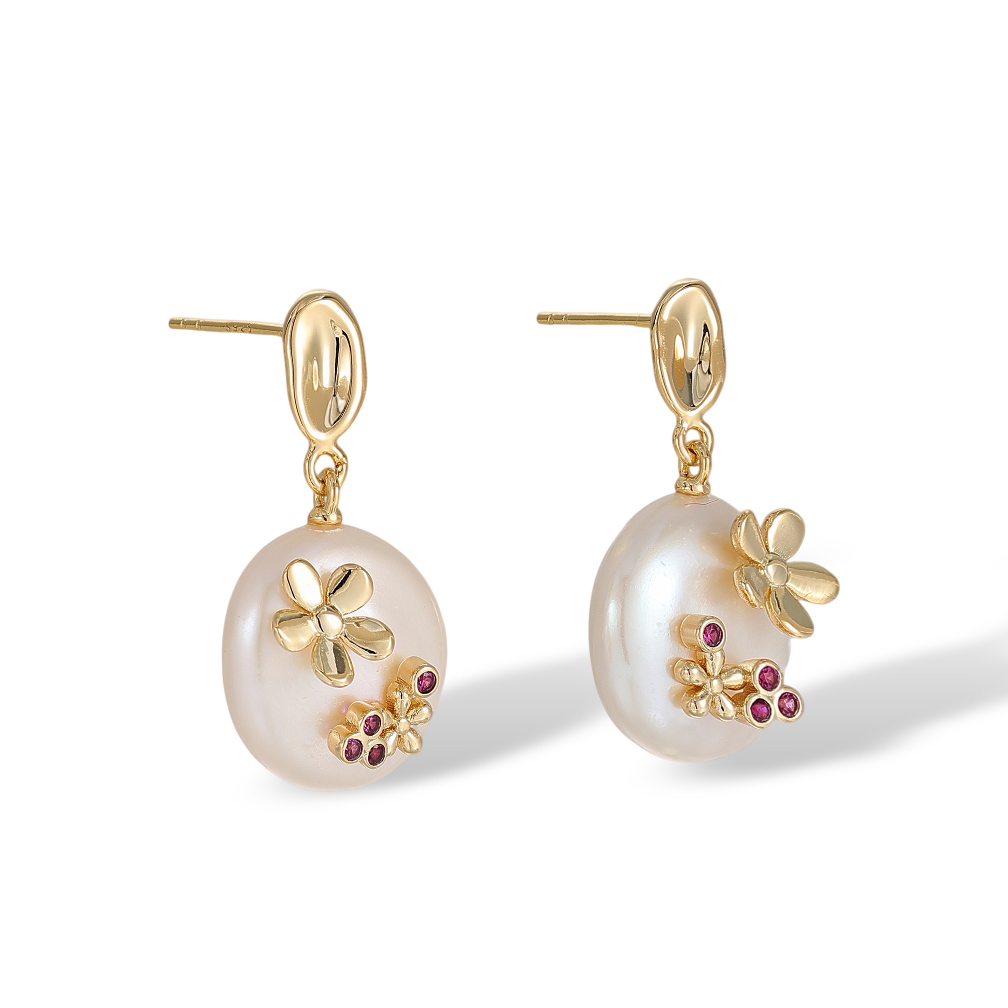 Dauphina White Baroque Pearl Floral Drop Earrings