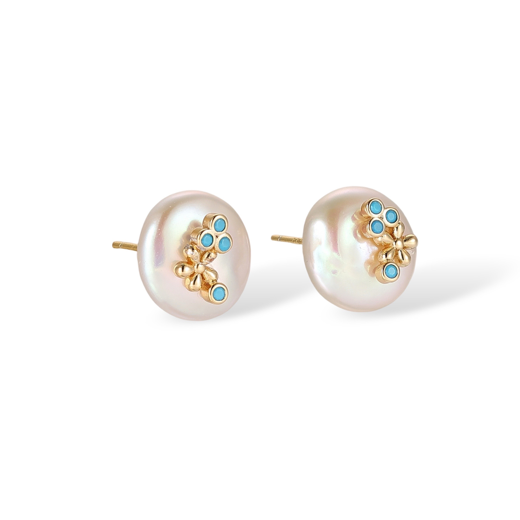 Dauphina White Baroque Pearl Floral Stud Earrings 