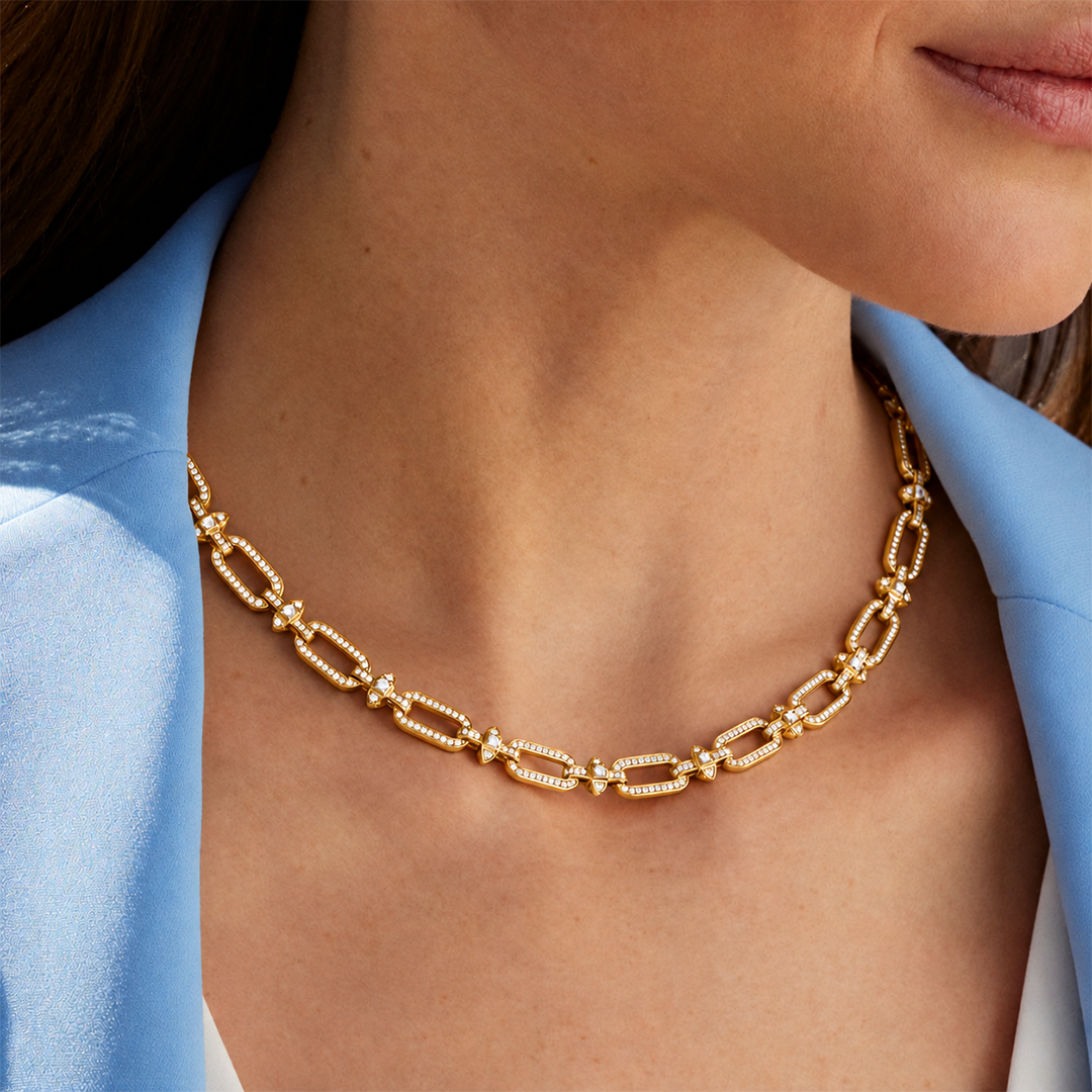 Gerburga 18K Gold Pavé Rectangular Link Necklace