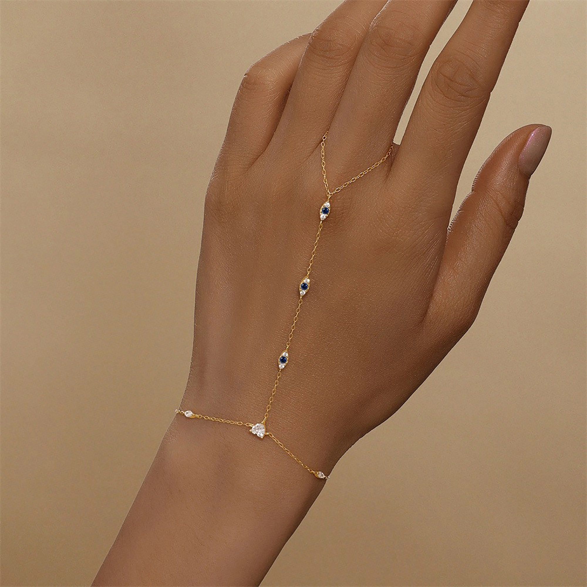 Gundswind 14K Gold Heart Evil Eye Linked Finger Bracelet