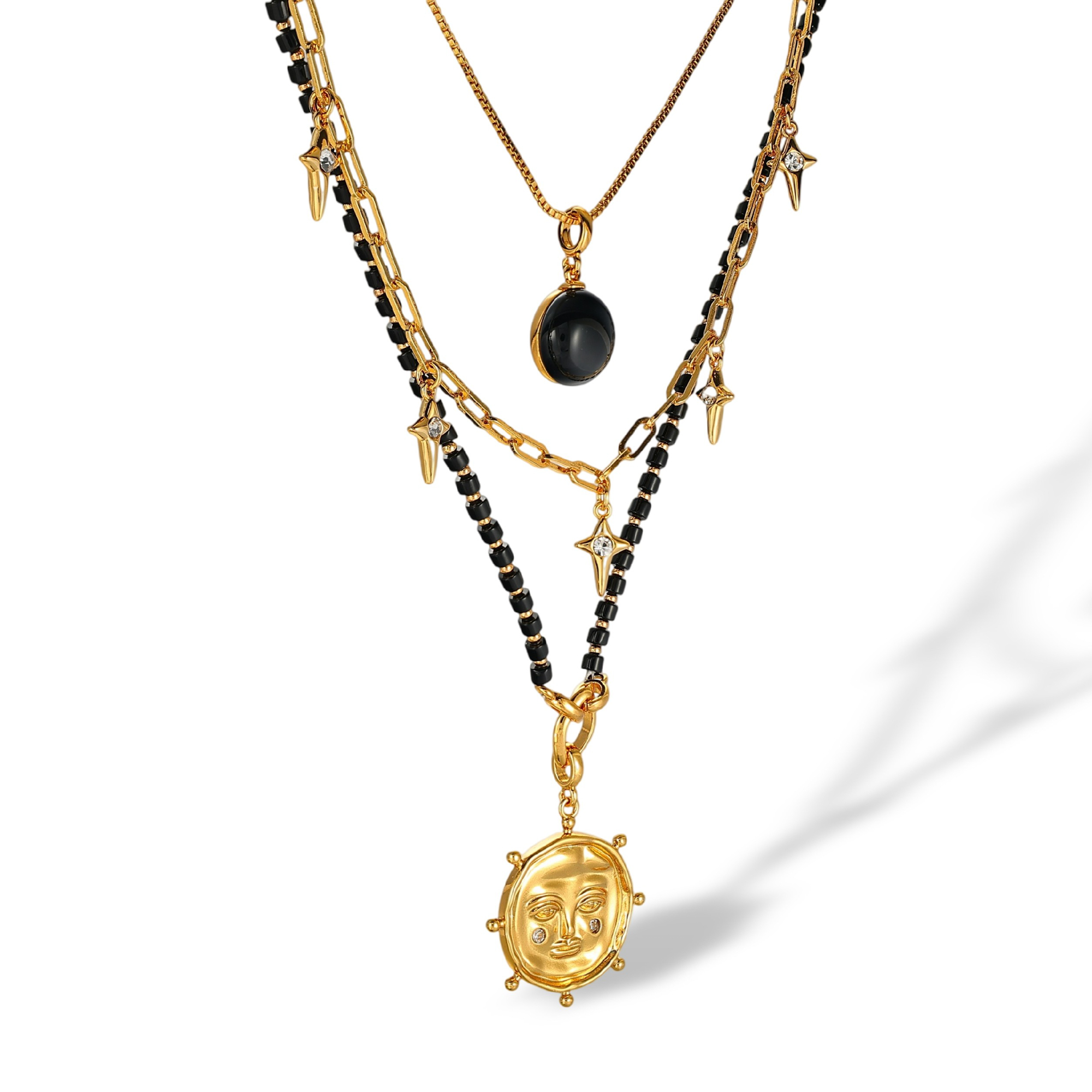 Nathalia 18K Gold Layered Sun Face Black Agate Necklace