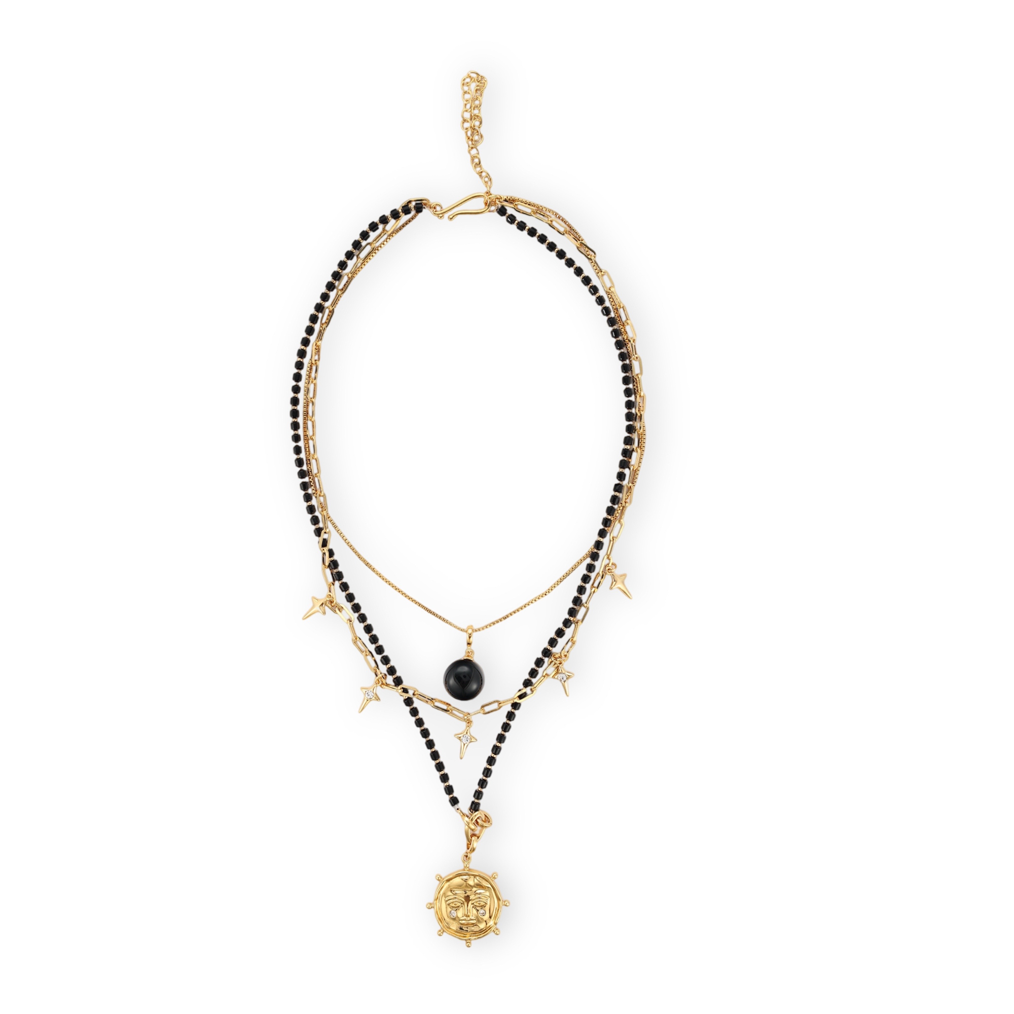 Nathalia 18K Gold Layered Sun Face Black Agate Necklace