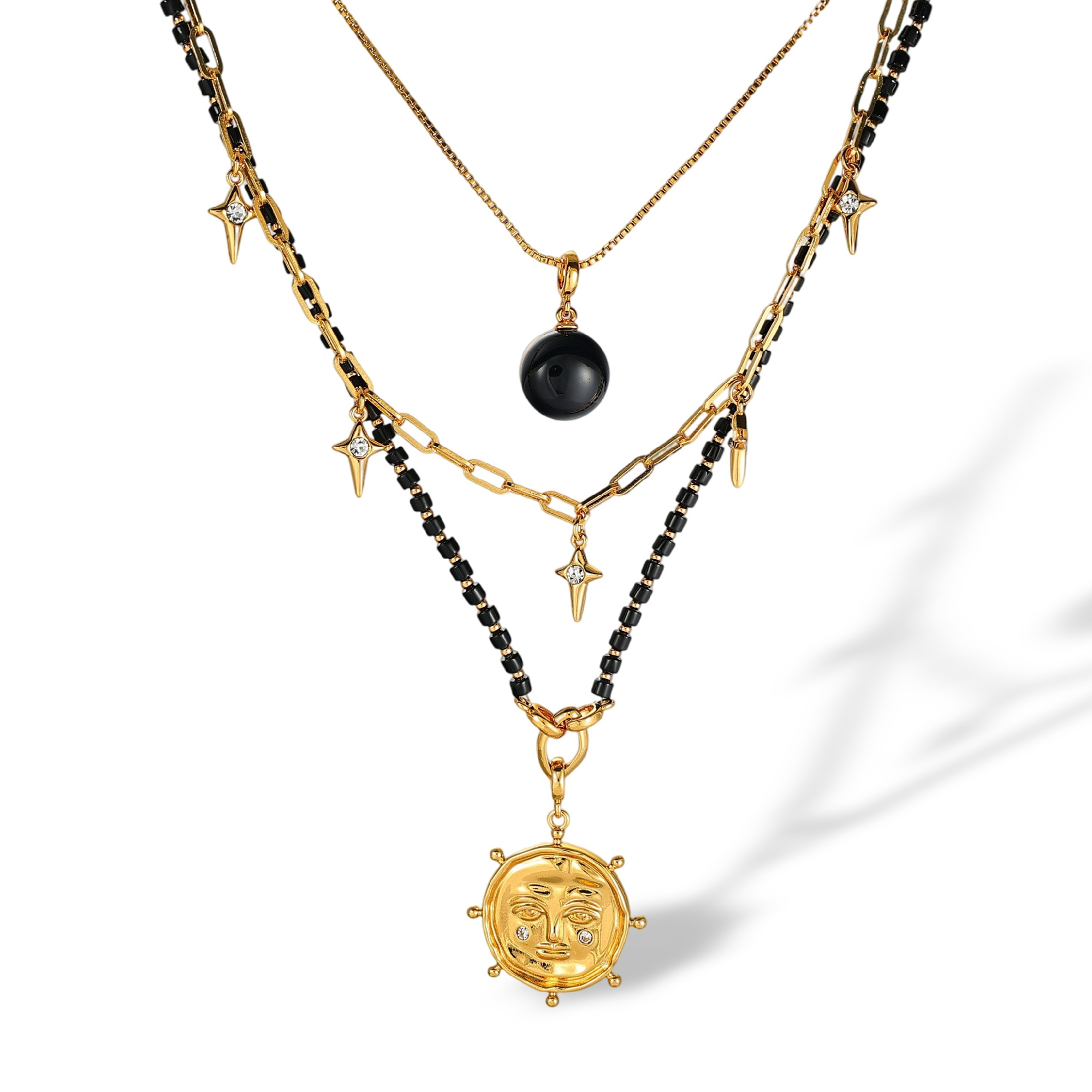 Nathalia 18K Gold Layered Sun Face Black Agate Necklace