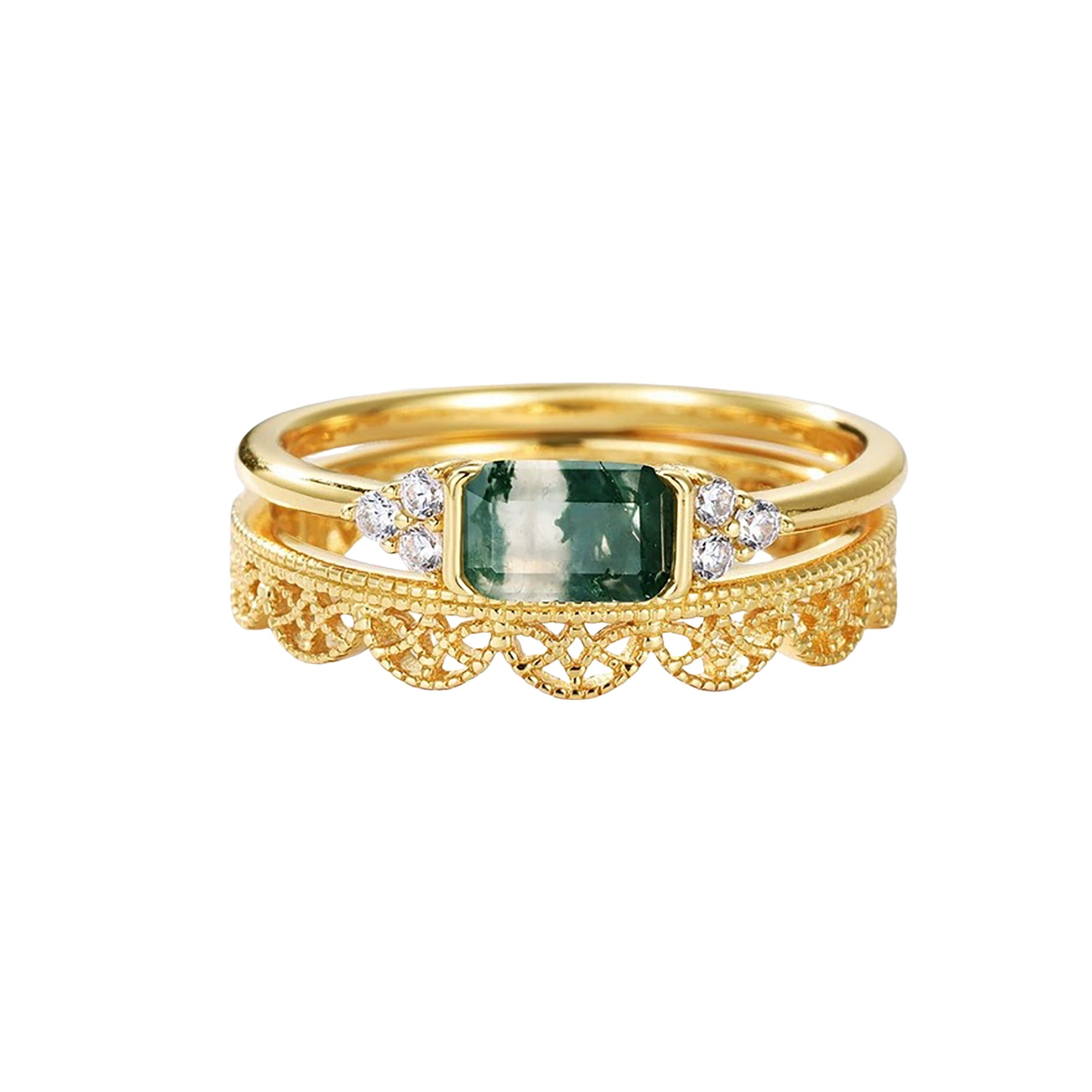 Ninon 14K Gold Moss Rectangular Ring Set
