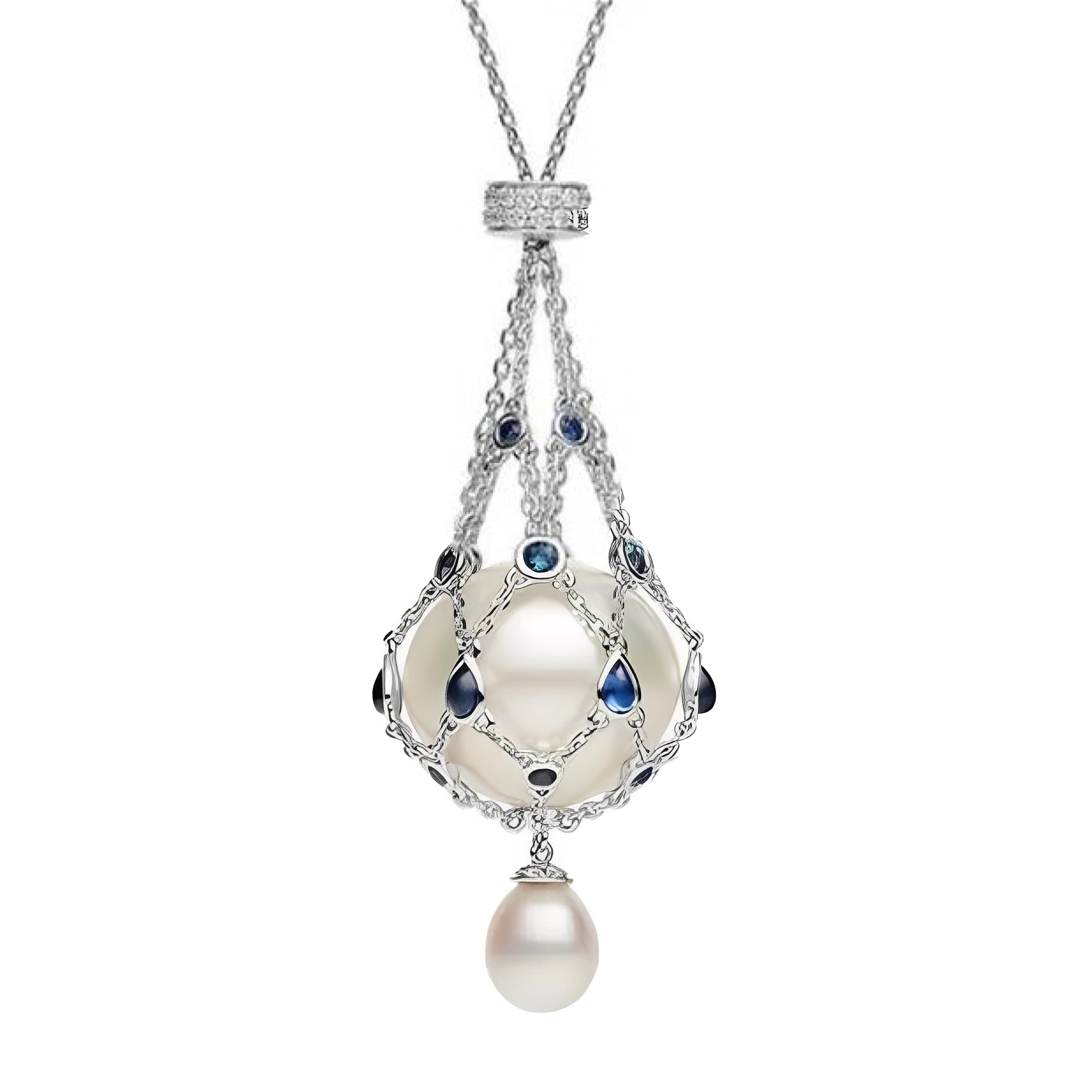 Pearl Caged in Blue Sapphire and Diamond Chain Mesh - Luxury Pearl Net Pendant