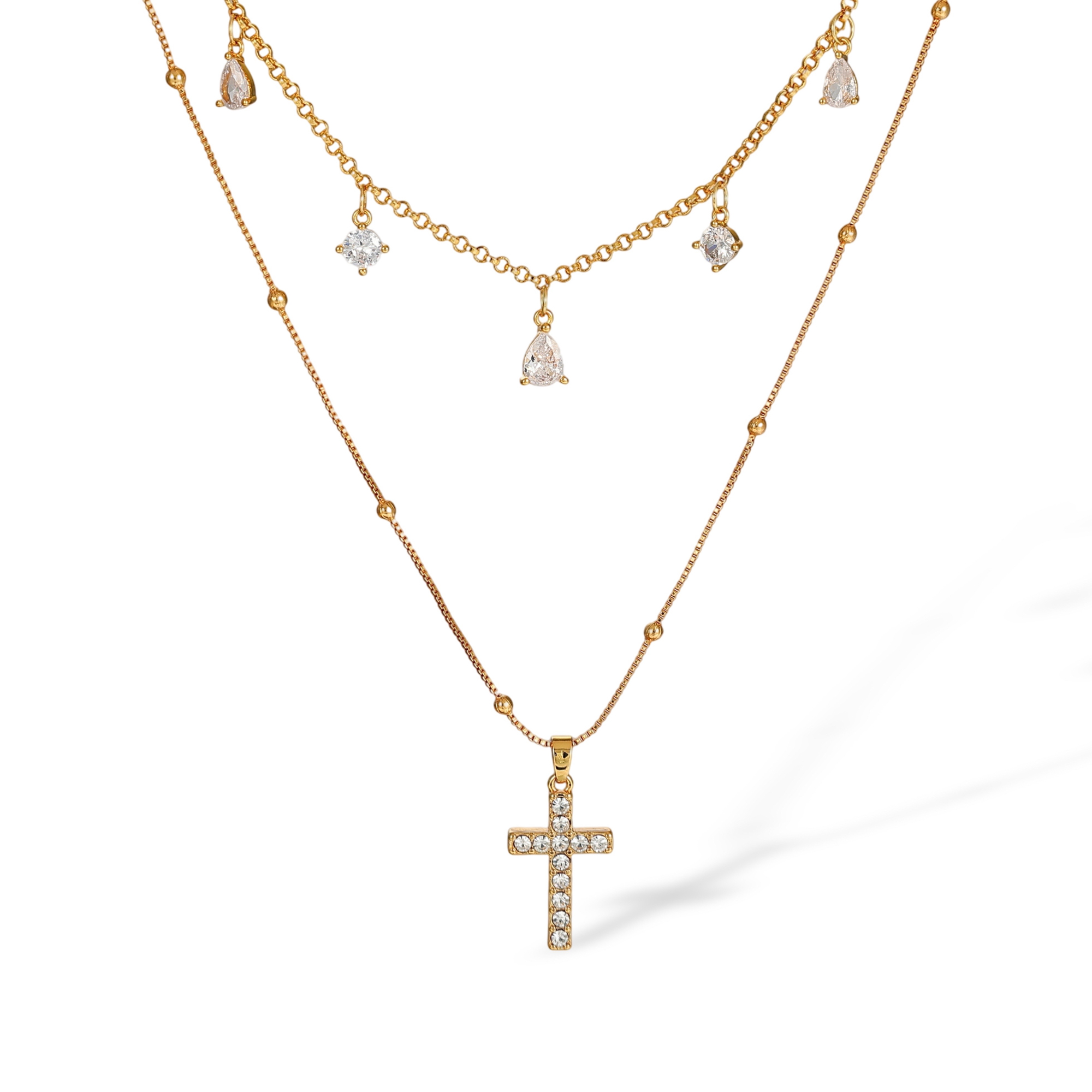 Rebeca 18K Gold Layered Cross Teardrop Necklace