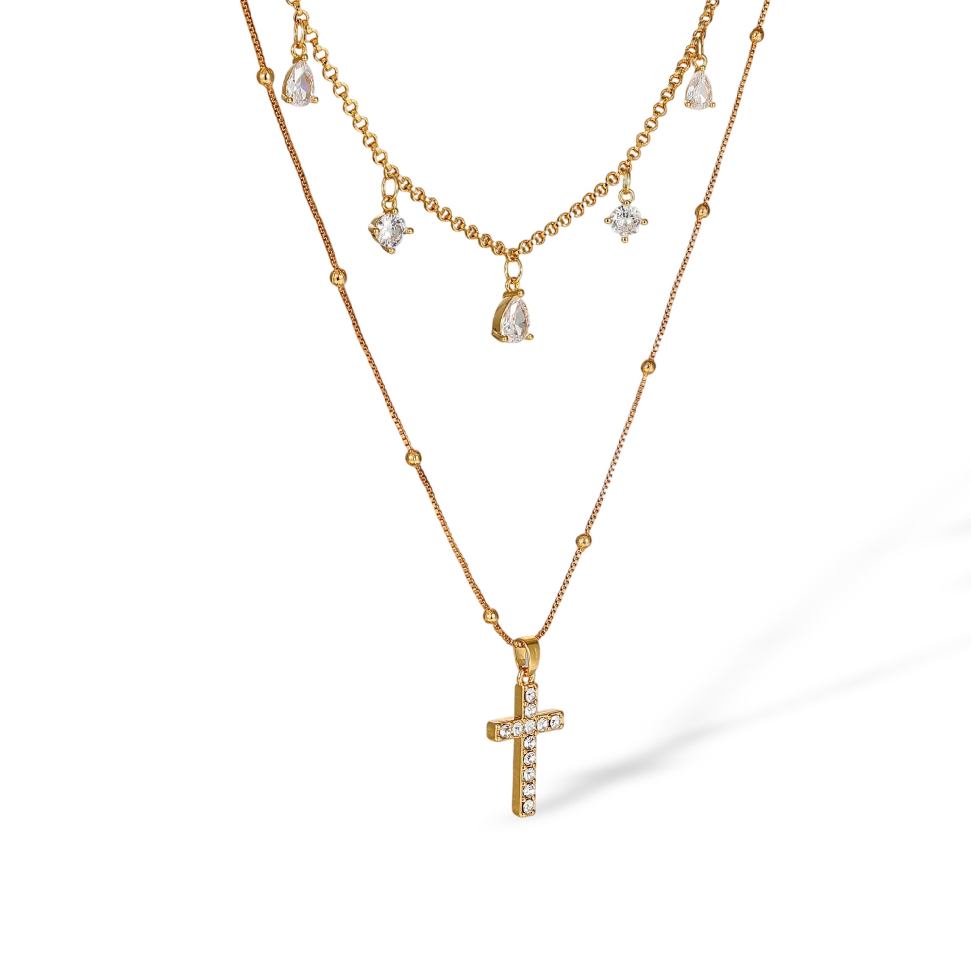 Rebeca 18K Gold Layered Cross Teardrop Necklace