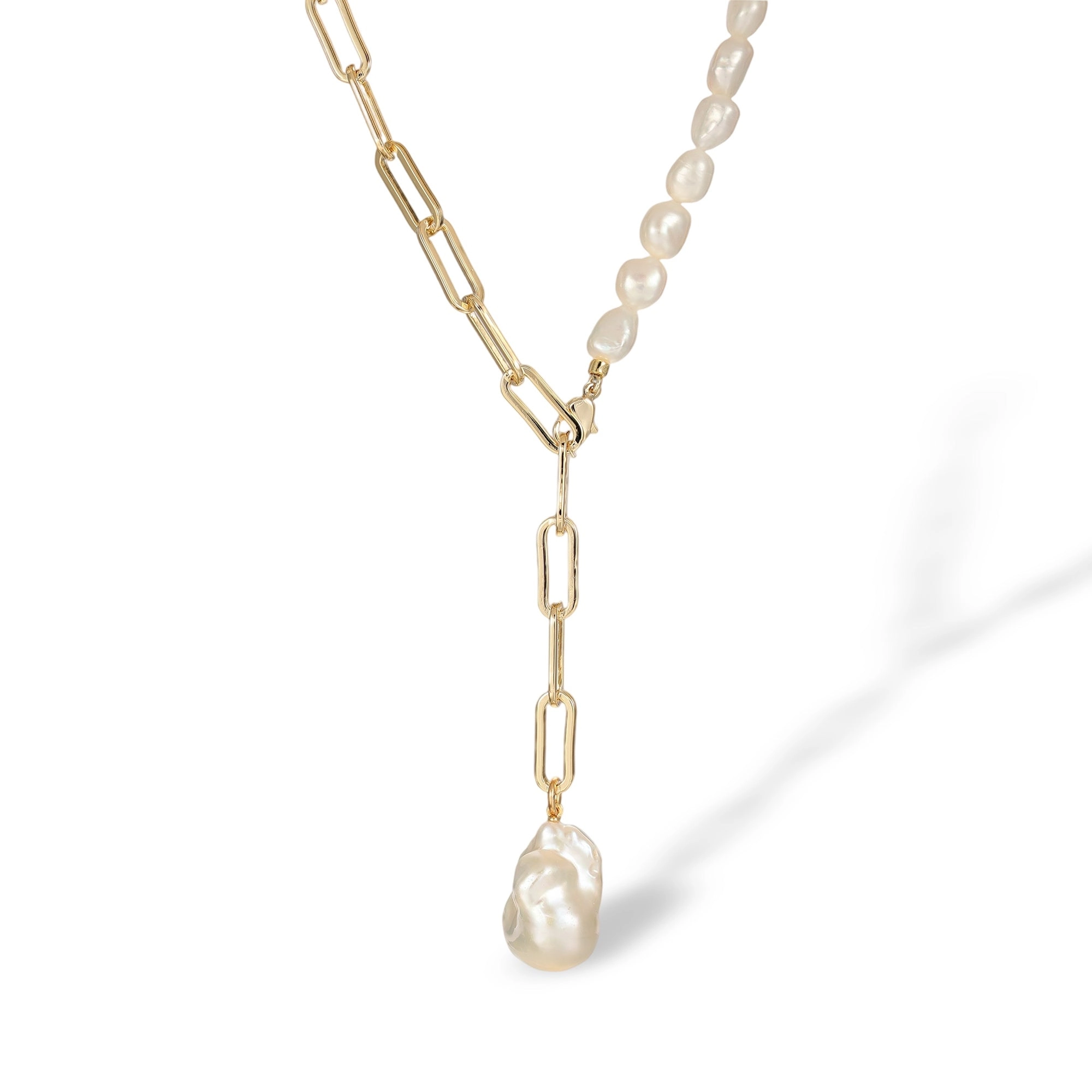 Stina White Baroque Pearl Paperclip Link Necklace