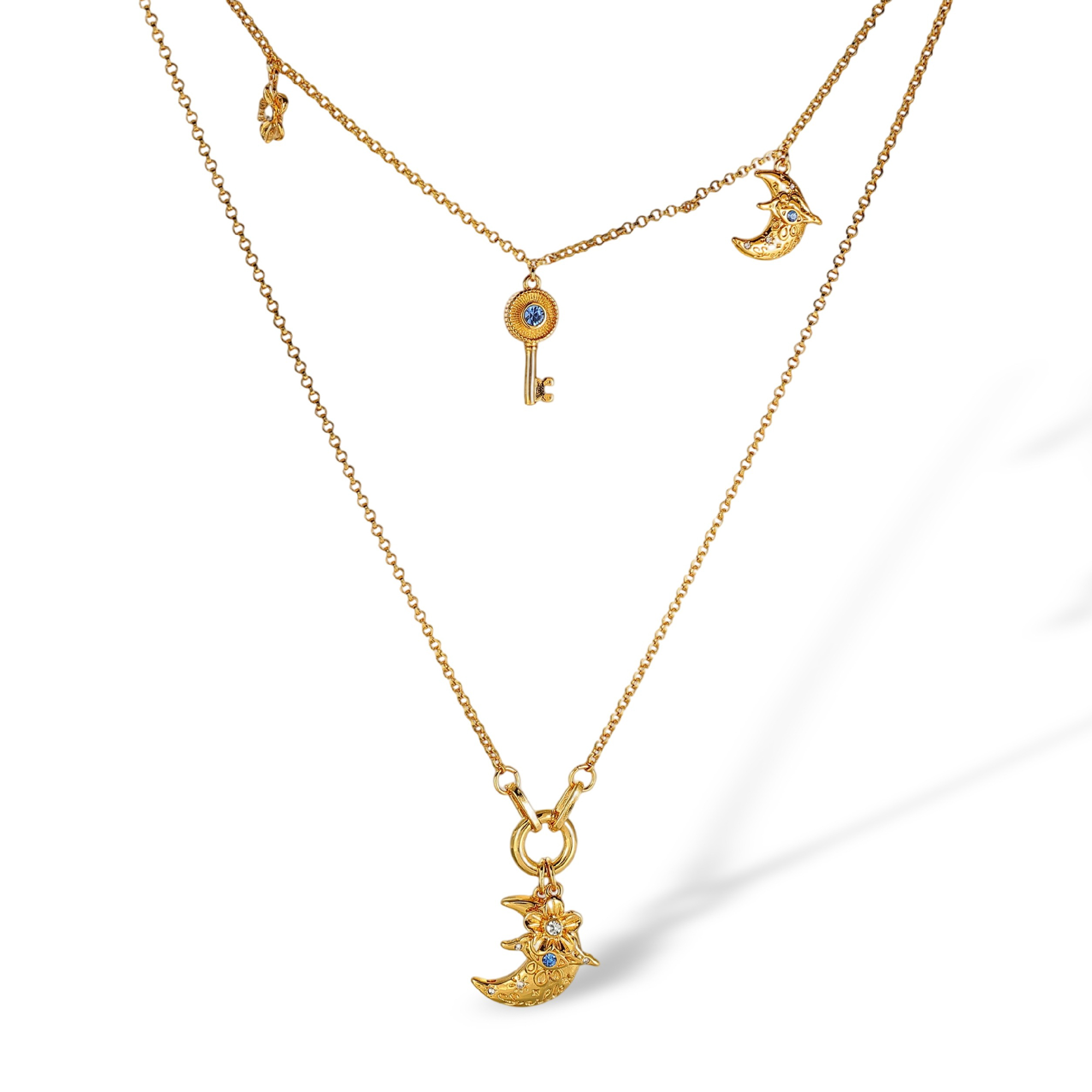 Vincenza 18K Gold Double-Layer Moon Key Floral Necklace