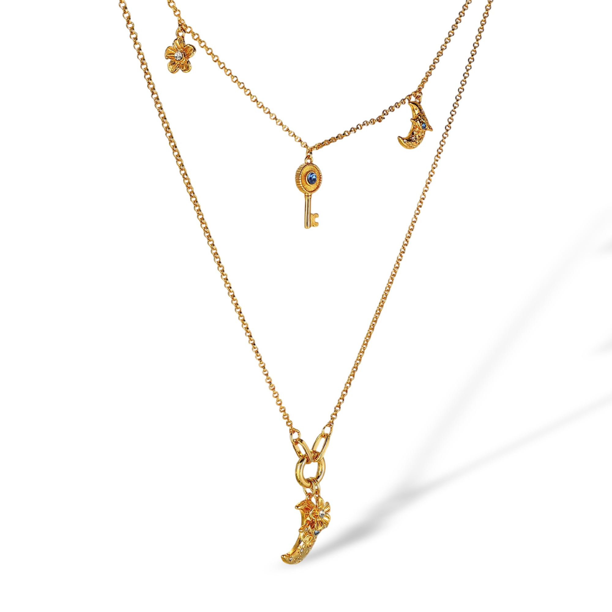 Vincenza 18K Gold Double-Layer Moon Key Floral Necklace