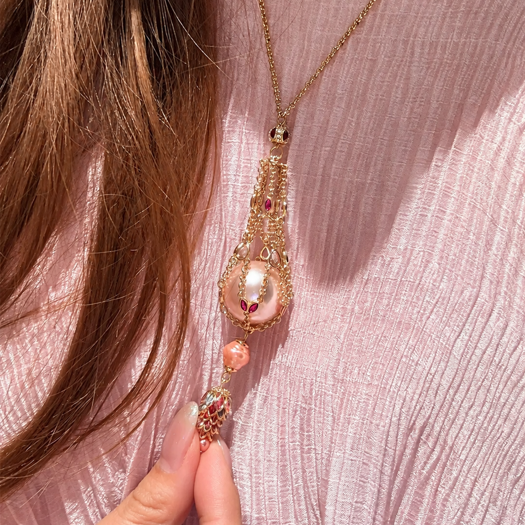 Wiemke Pink Pearl Cage Necklace