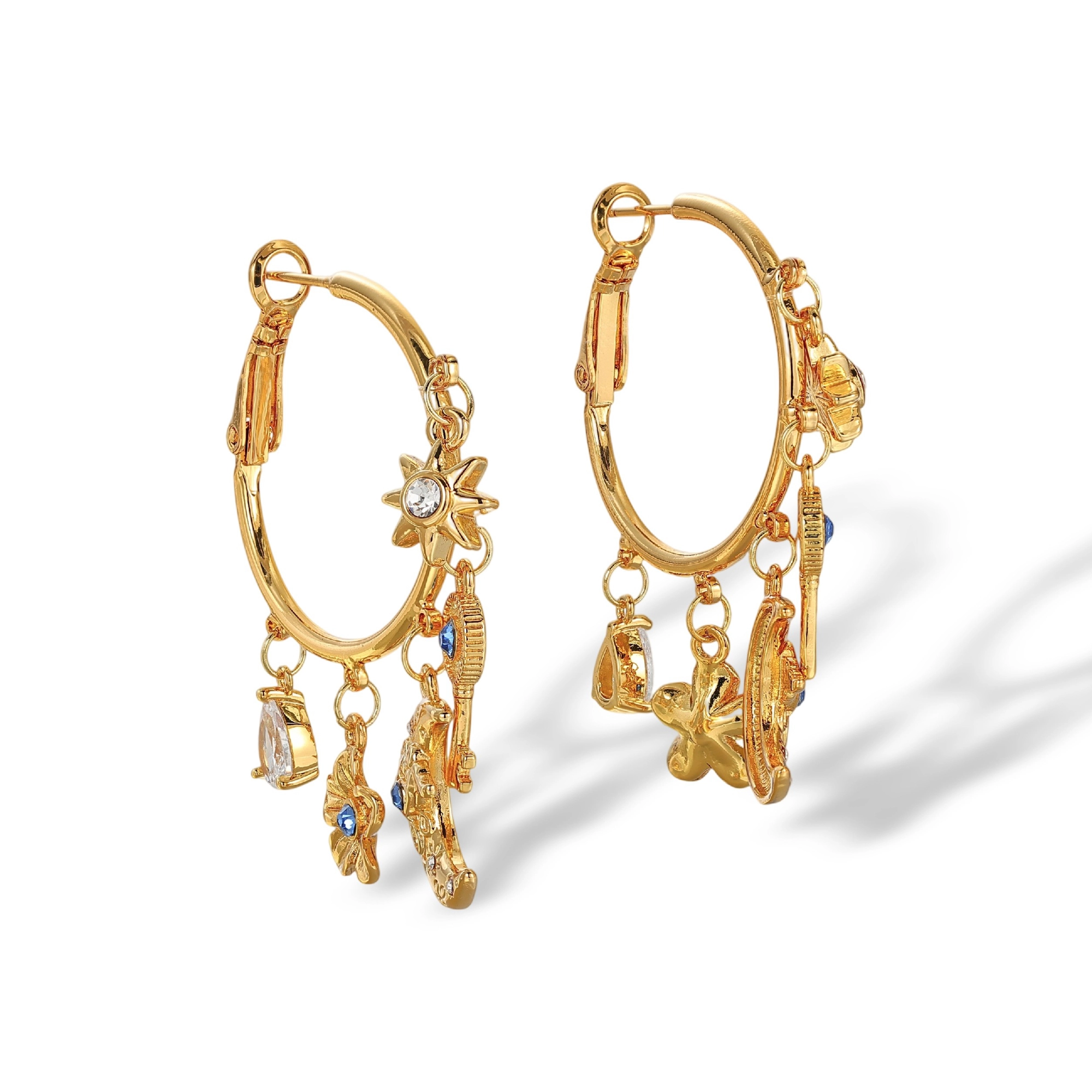 Vincenza 18K Gold Moon Key Floral Hoop Earrings