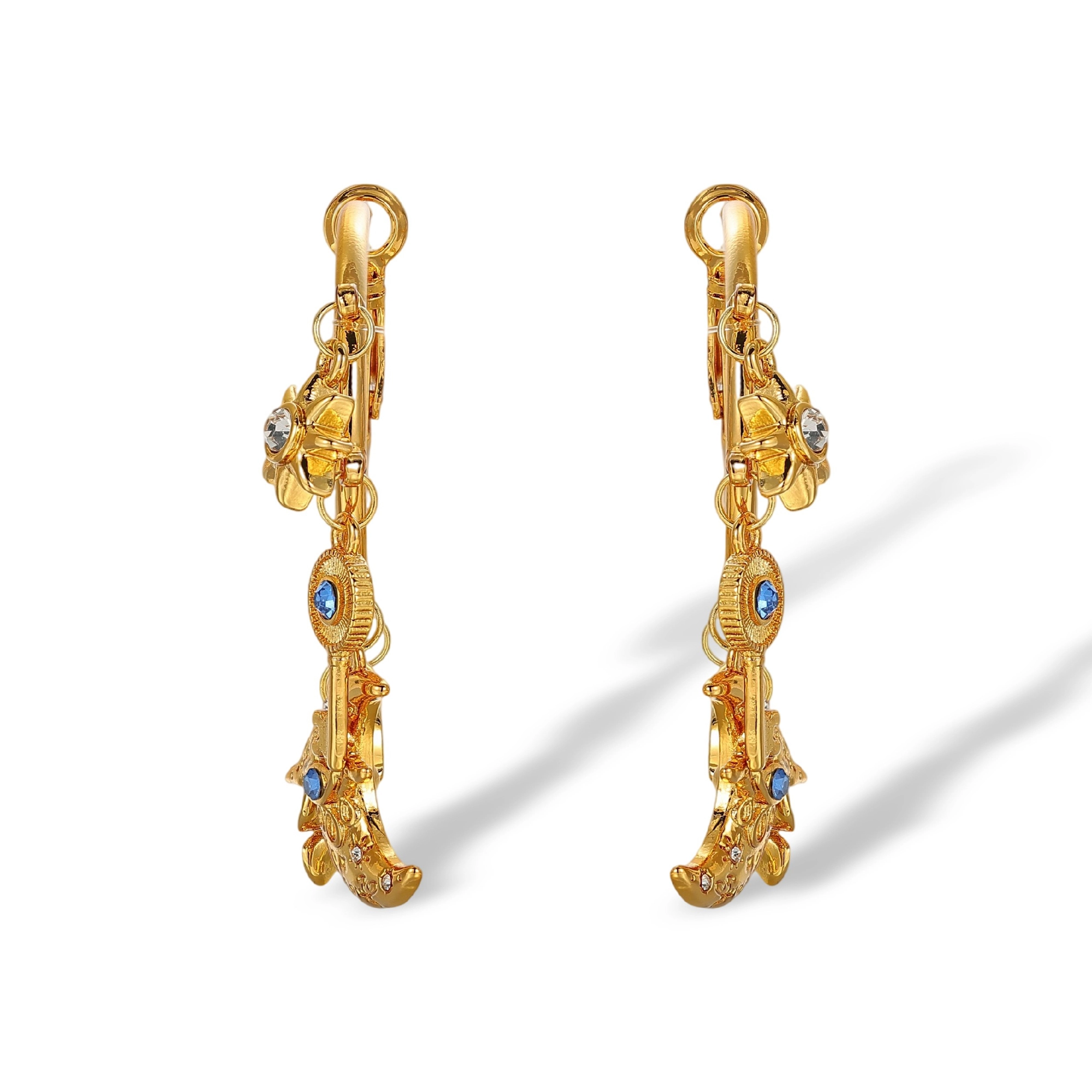 Vincenza 18K Gold Moon Key Floral Hoop Earrings