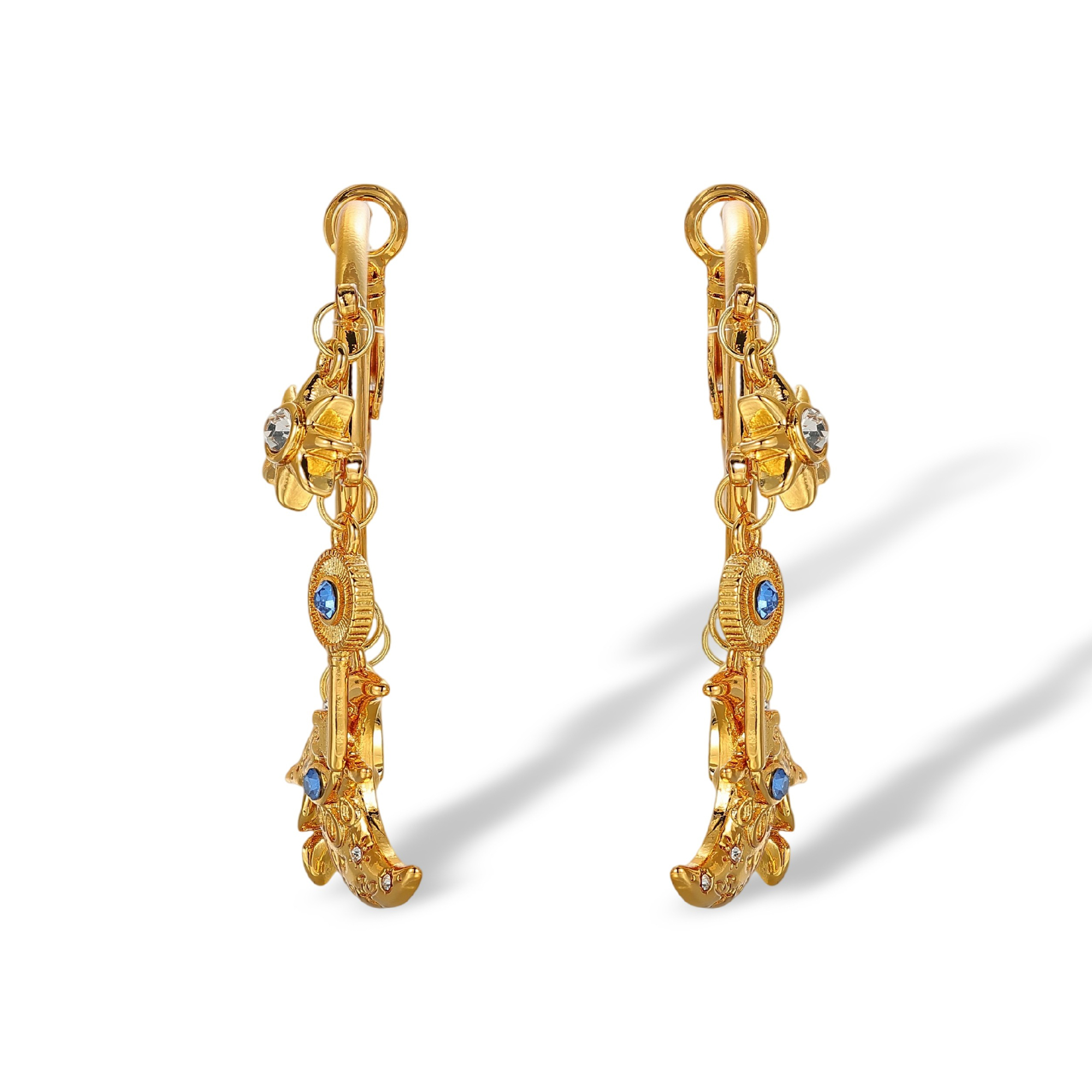 Vincenza 18K Gold Moon Key Floral Hoop Earrings