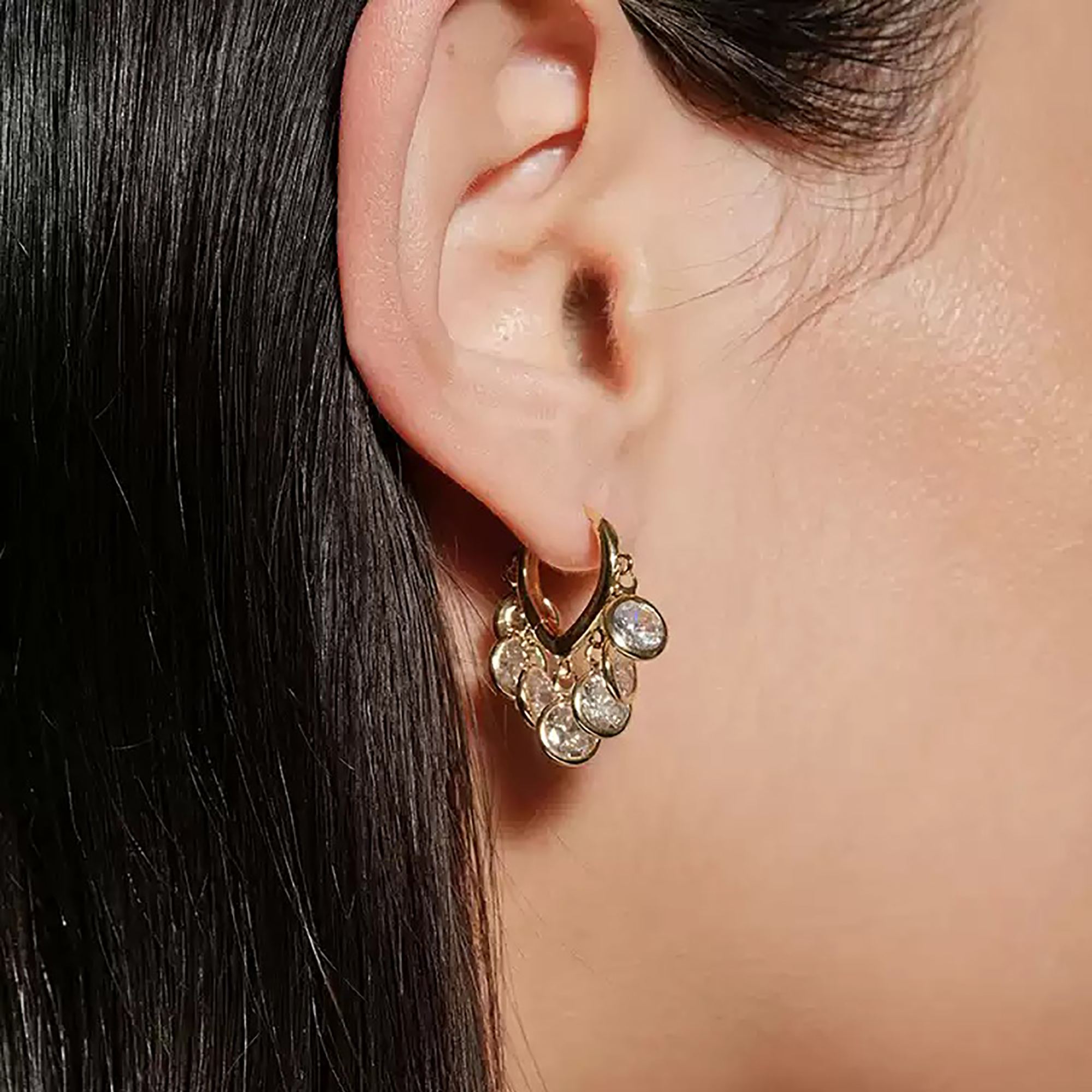 Zeuxippe Gold Bezel Round Fringe Huggie Earrings