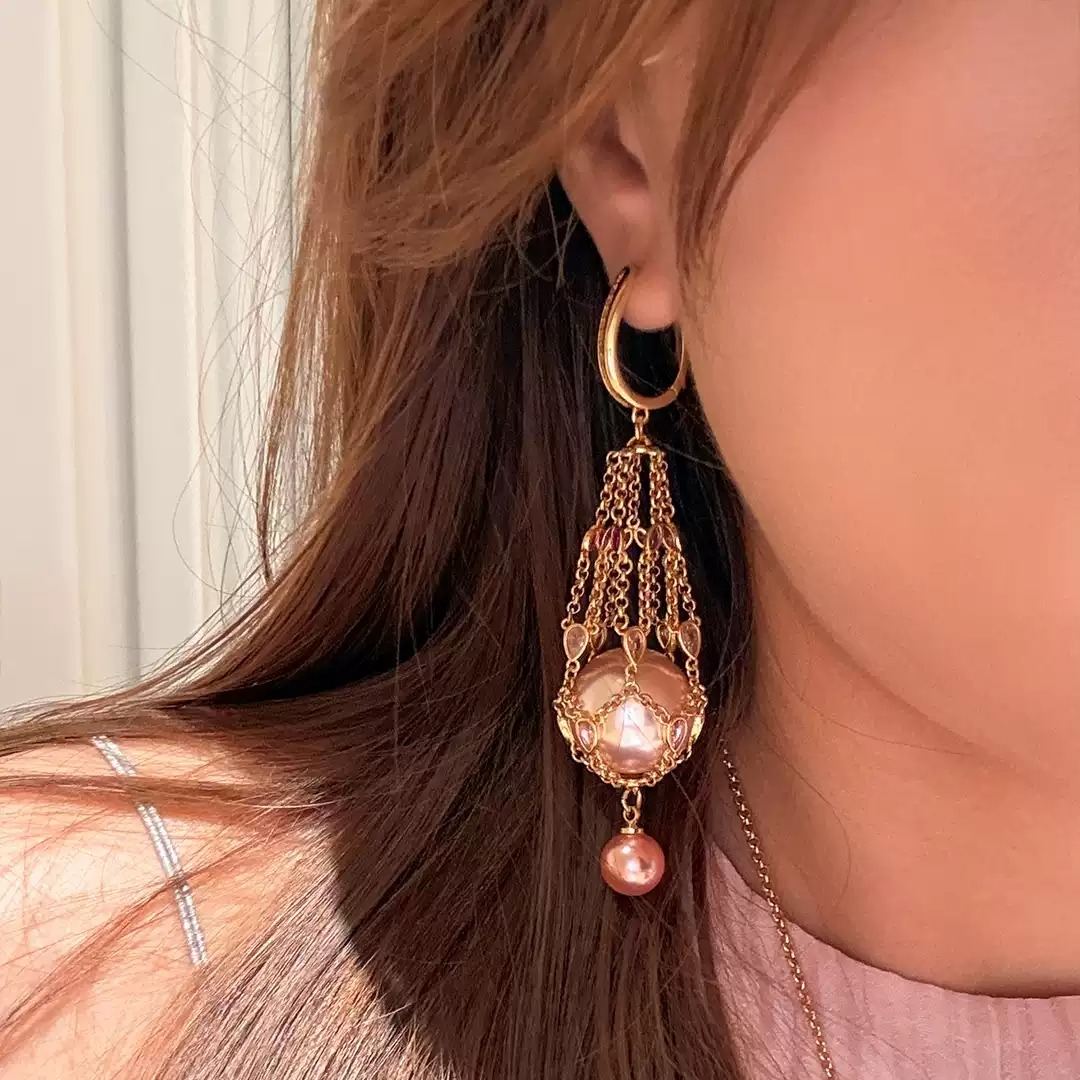 Wiemke Pink Pearl Cage Drop Earrings