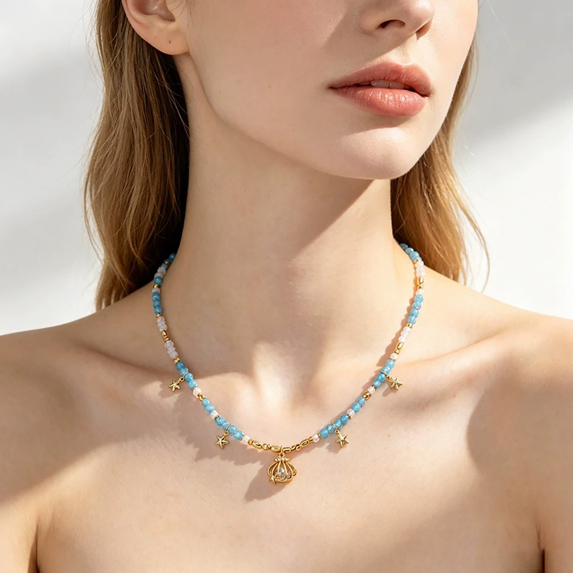 Adellina Blue Natural Stone Starfish Shell Necklace