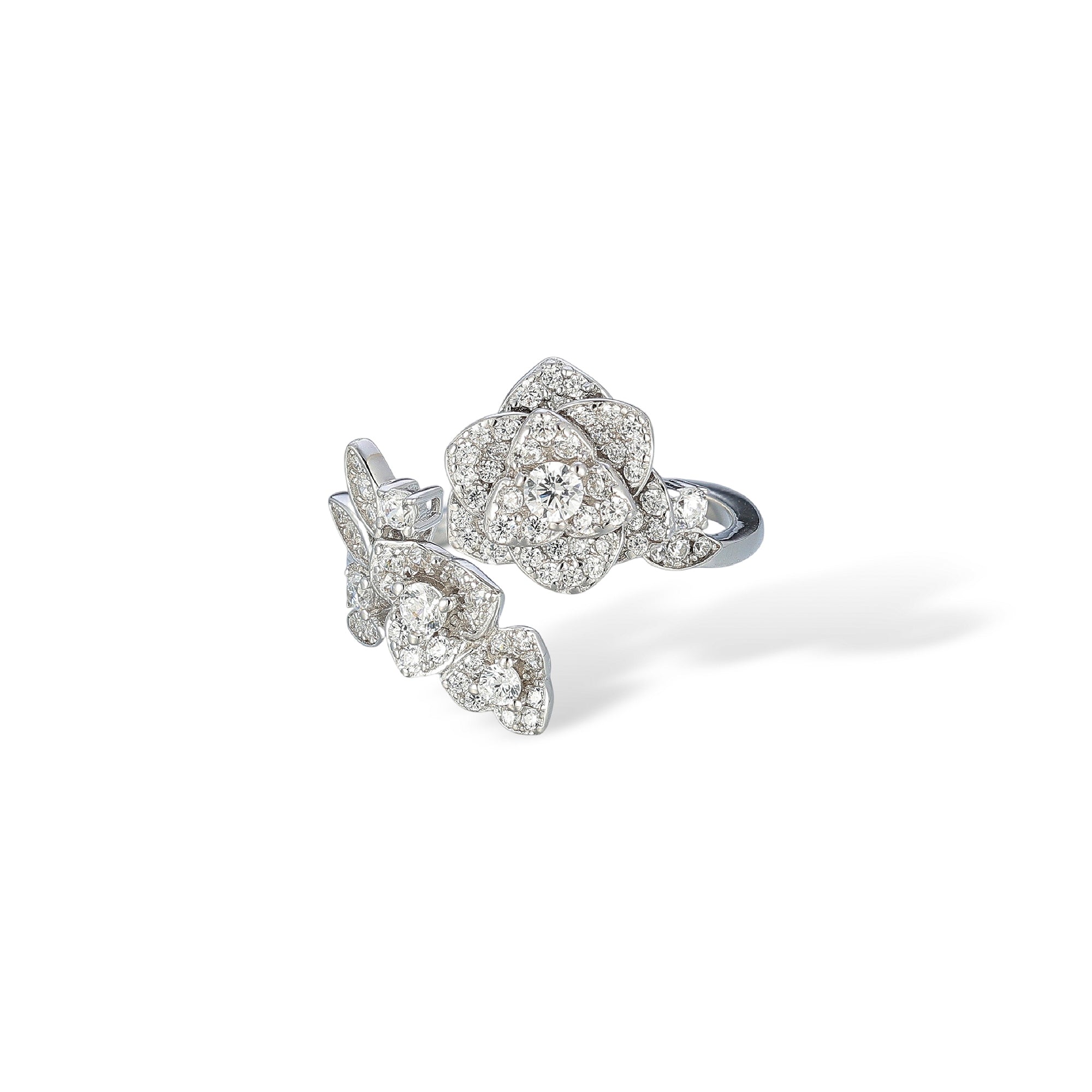 Andrina White Rose Floral Open Ring