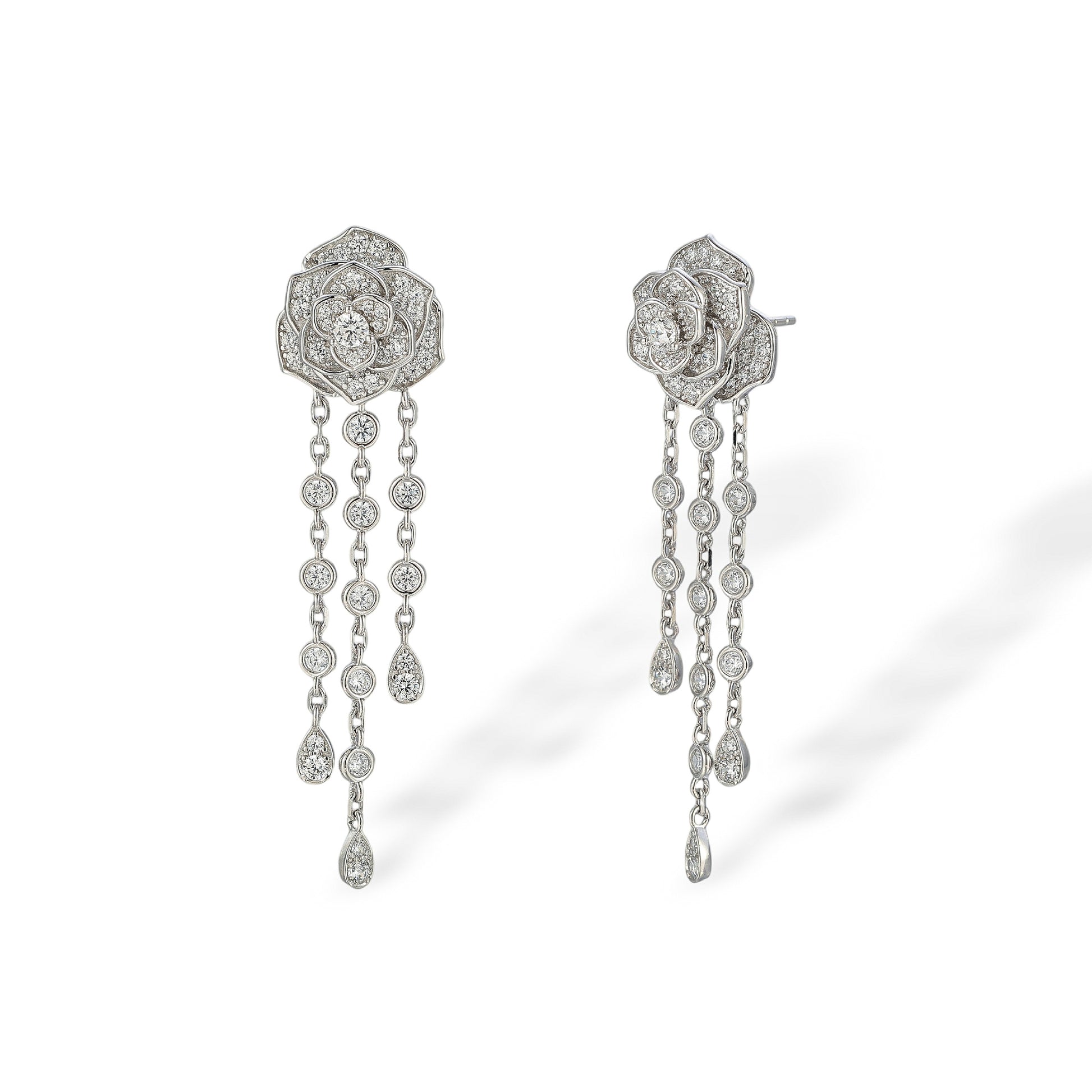 Andrina White Rose Floral Tassel Earrings