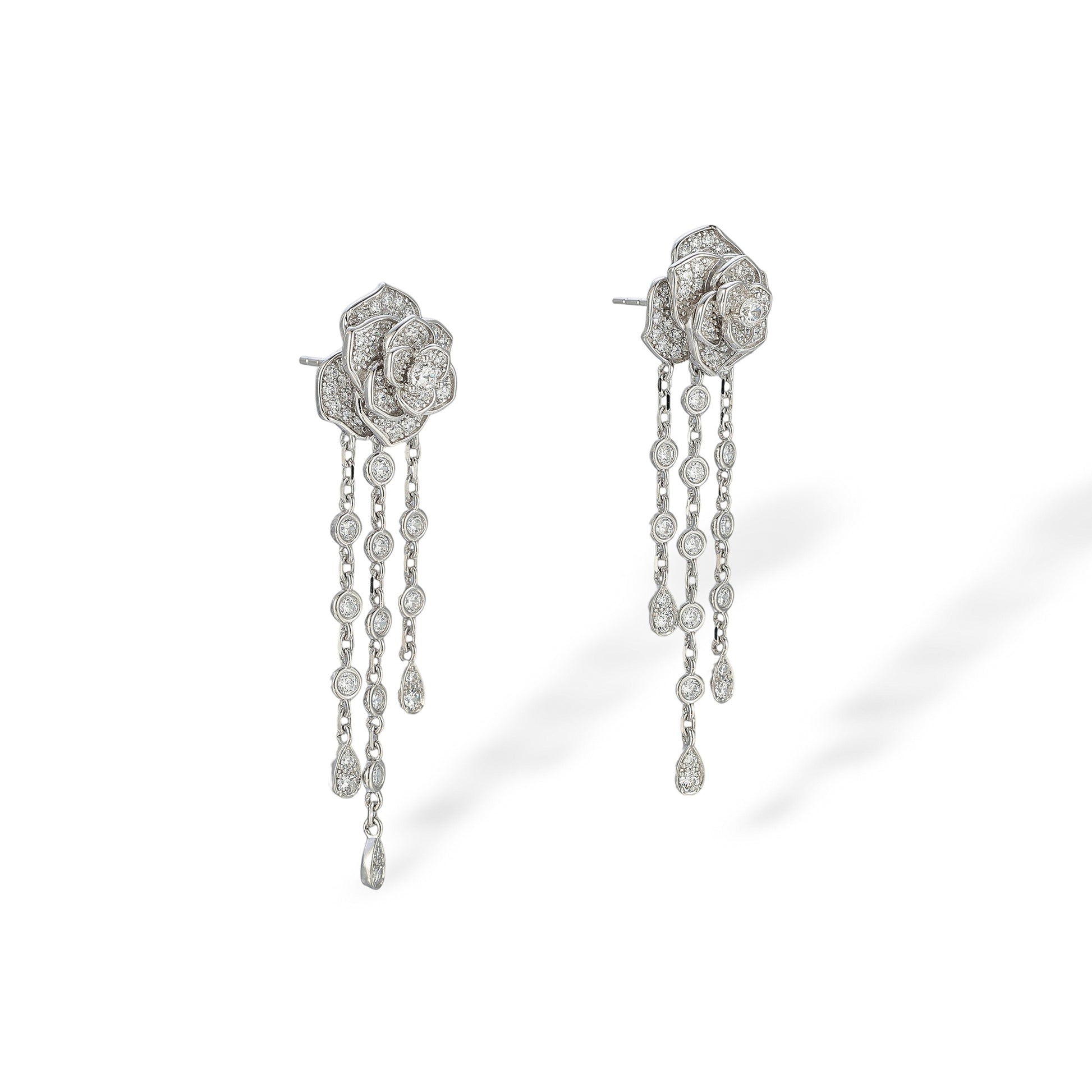 Andrina White Rose Floral Tassel Earrings