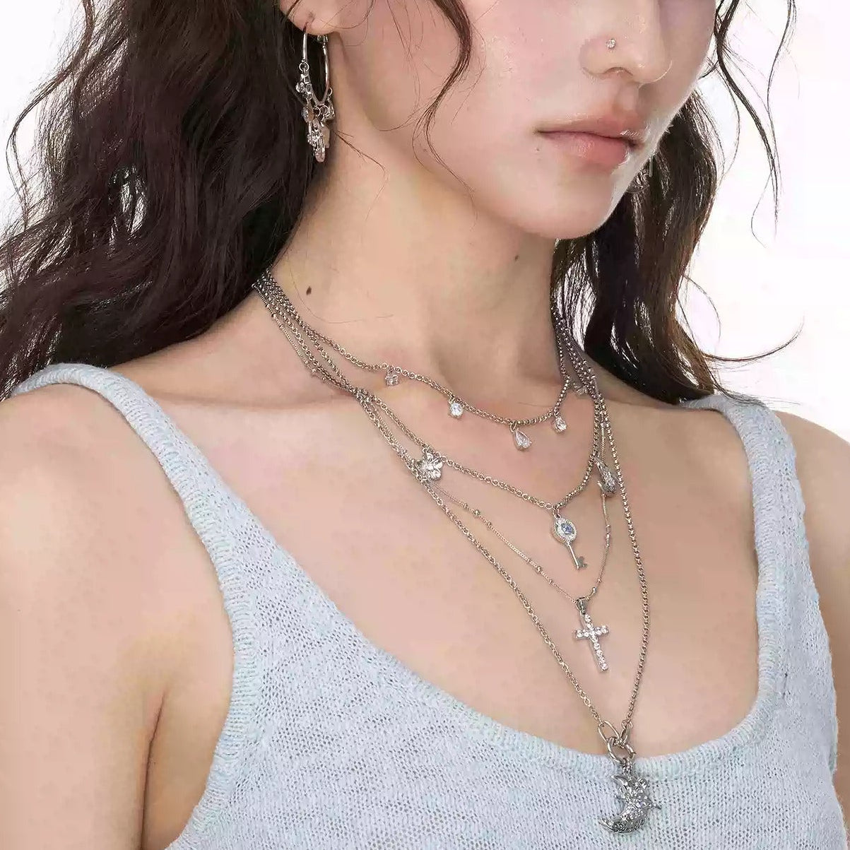 Baldlind 14K Gold Moon Key Cross Floral Layer Necklace