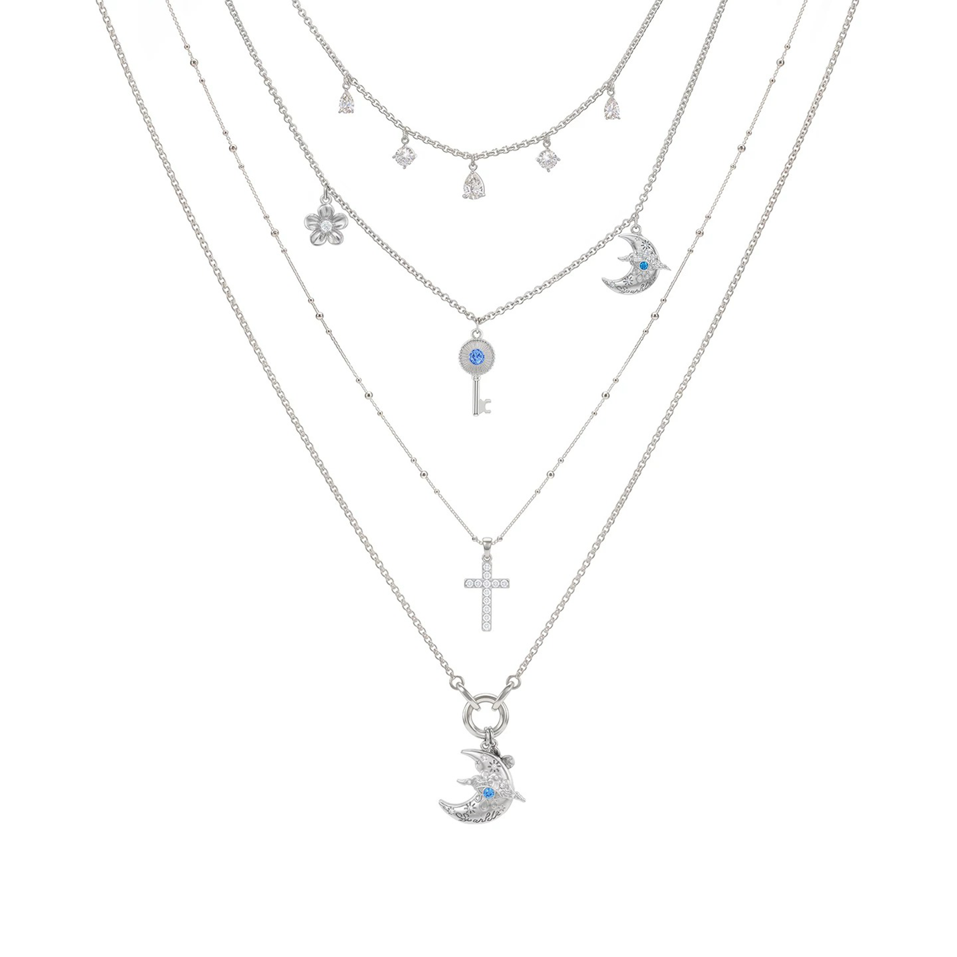 Baldlind 14K Gold Moon Key Cross Floral Layer Necklace