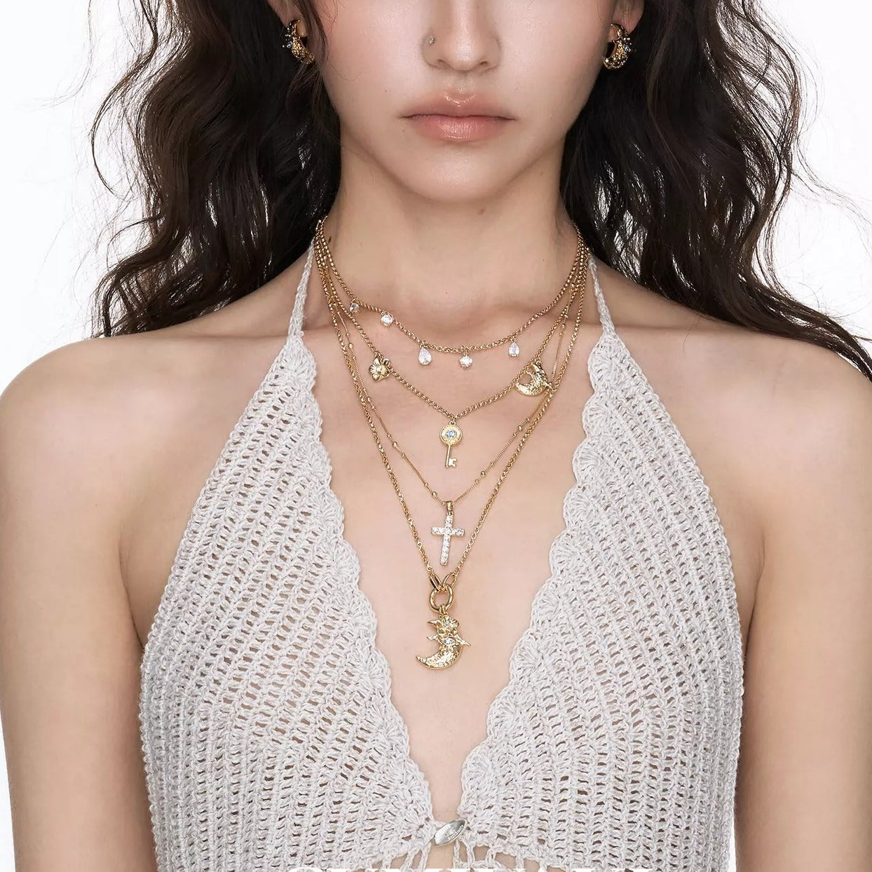 Baldlind 14K Gold Moon Key Cross Floral Layer Necklace