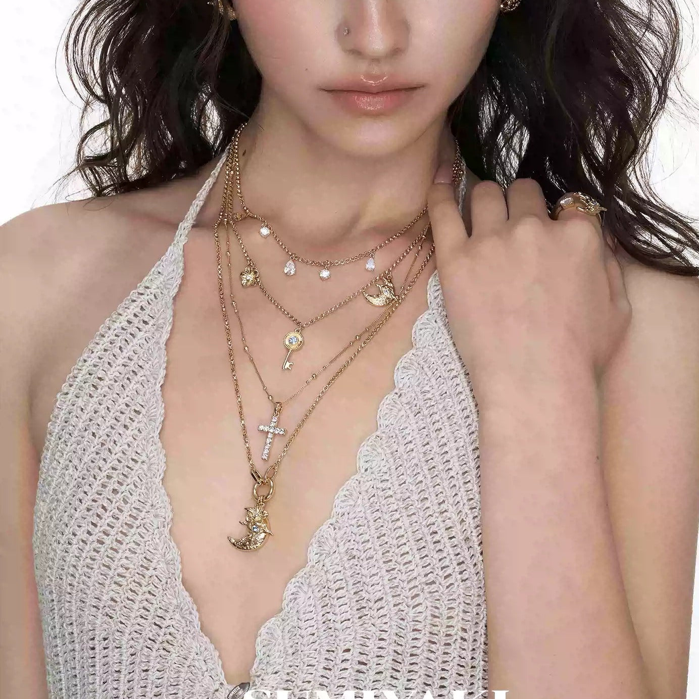 Baldlind 14K Gold Moon Key Cross Floral Layer Necklace