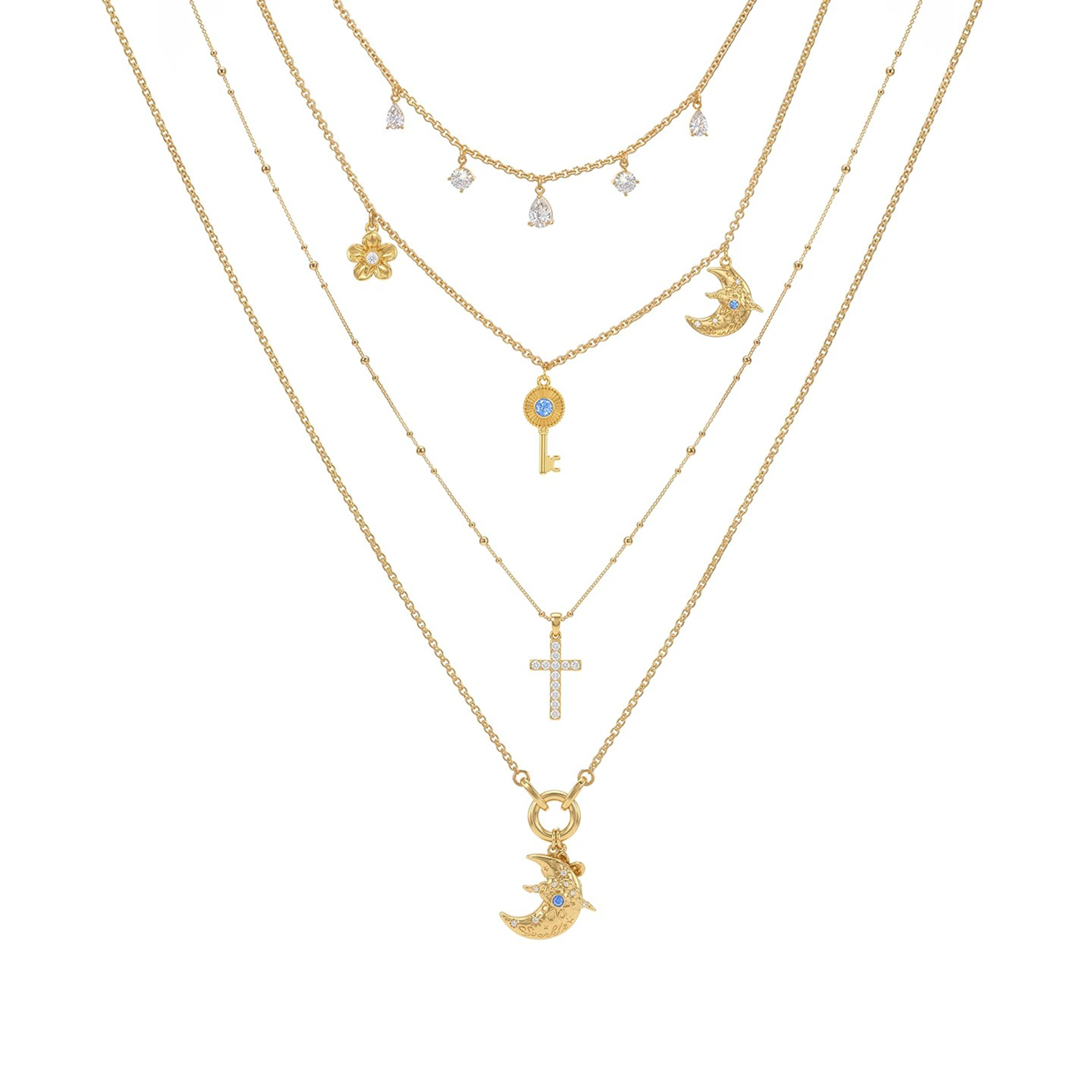 Baldlind 14K Gold Moon Key Cross Floral Layer Necklace