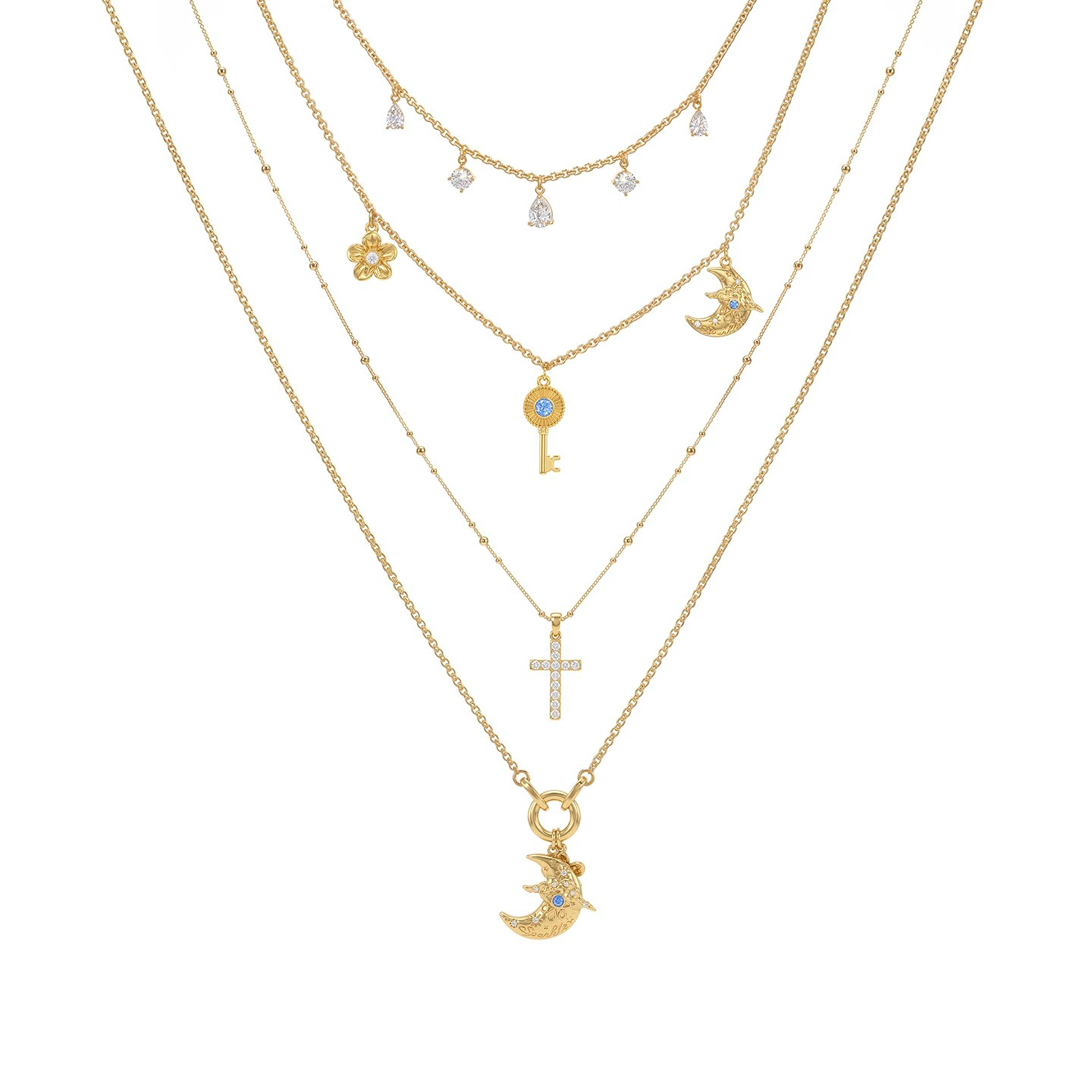 Baldlind 14K Gold Moon Key Cross Floral Layer Necklace