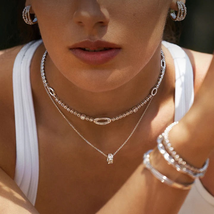 Cécilia White Asymmetric Oval Loop Hollow Circle Tennis Necklace