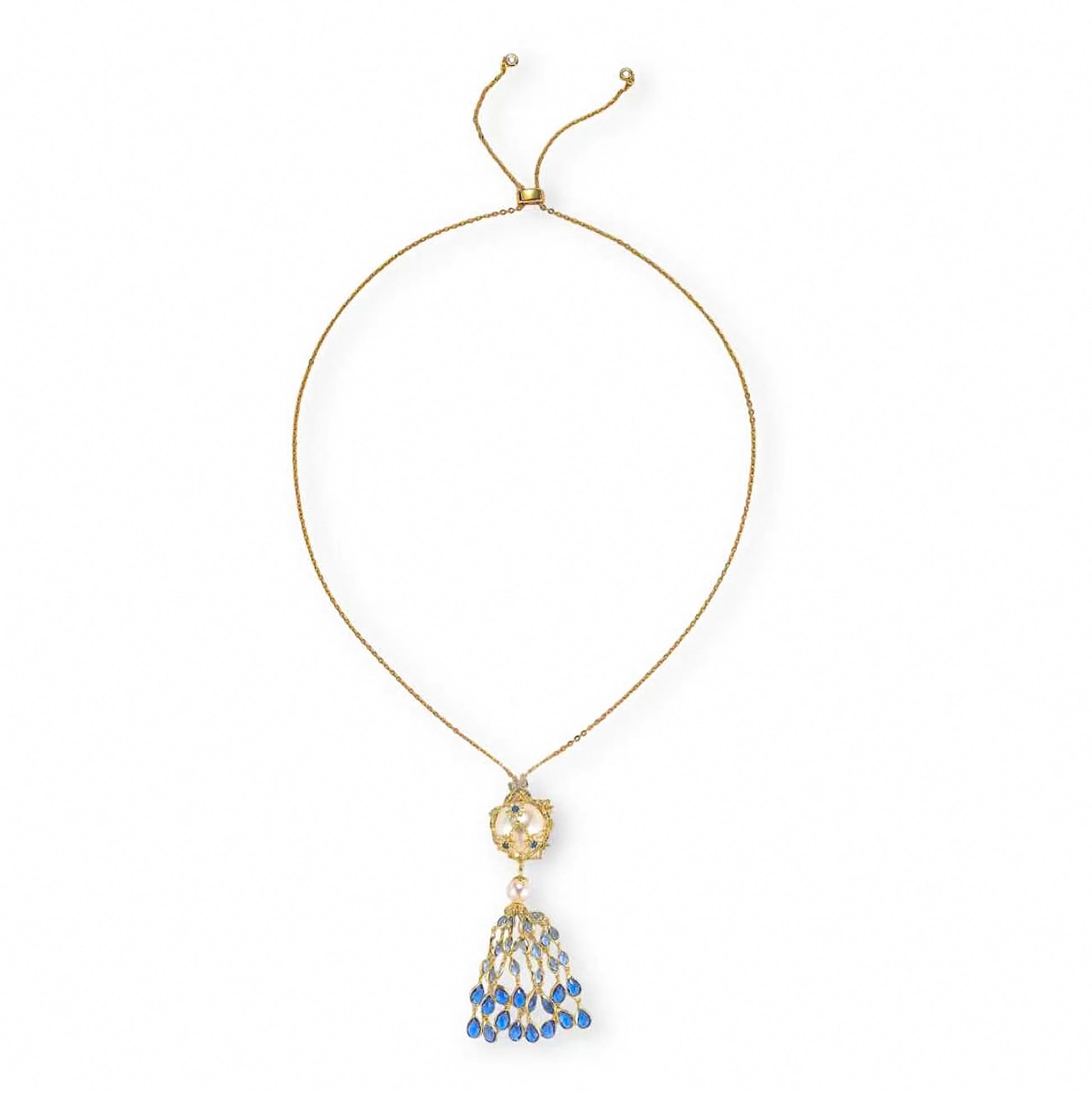 Charette Blue Cage Pearl Starburst Tassel Necklace