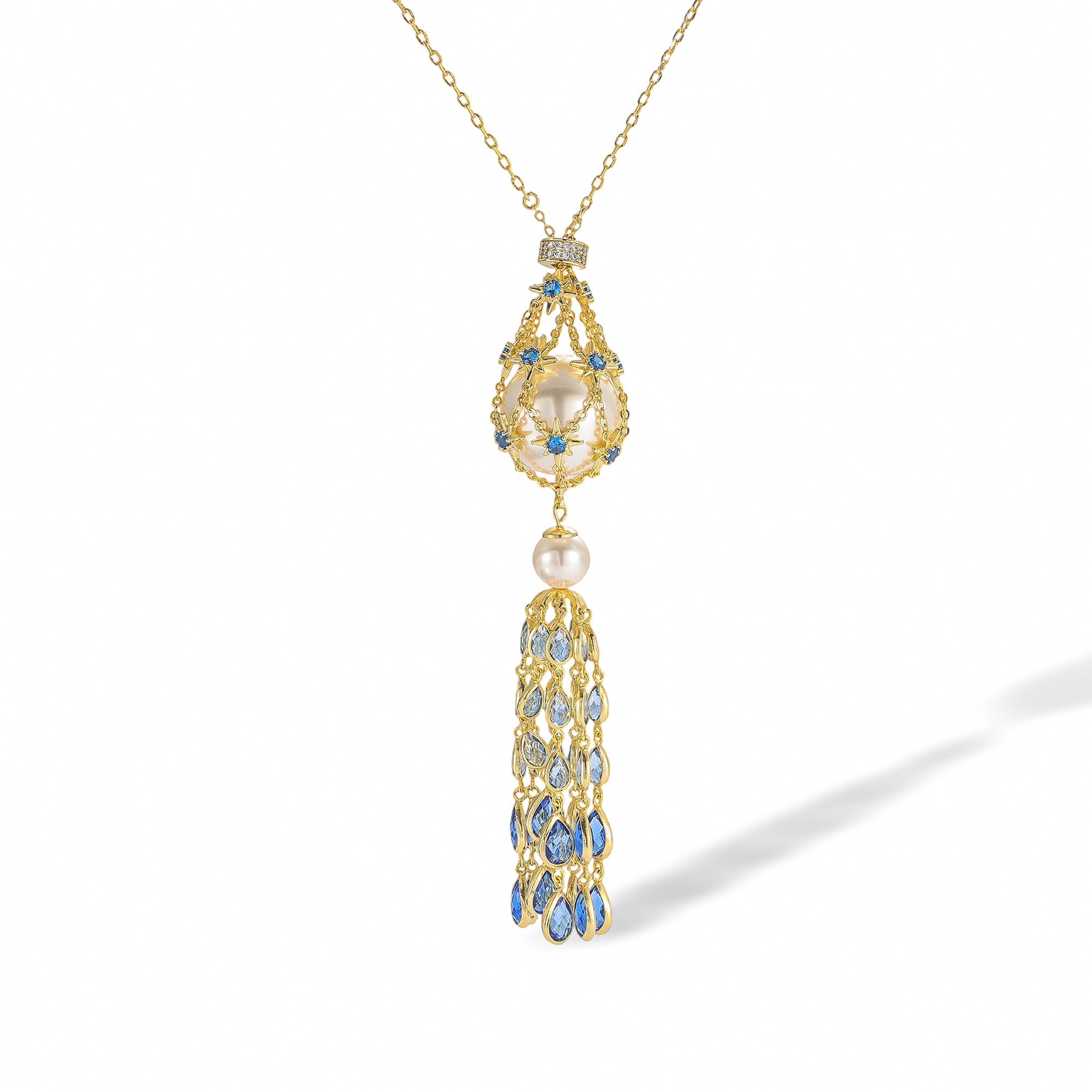 Charette Blue Cage Pearl Starburst Tassel Necklace