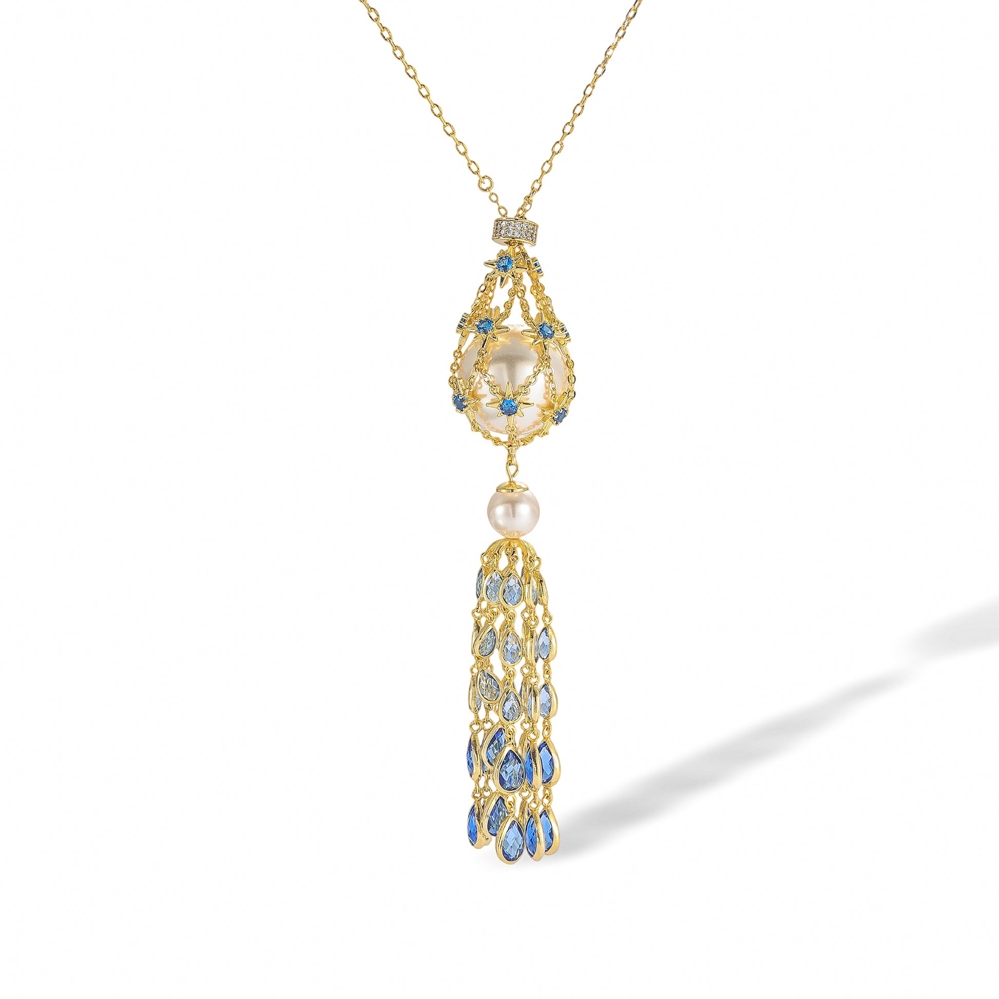 Charette Blue Cage Pearl Starburst Tassel Necklace