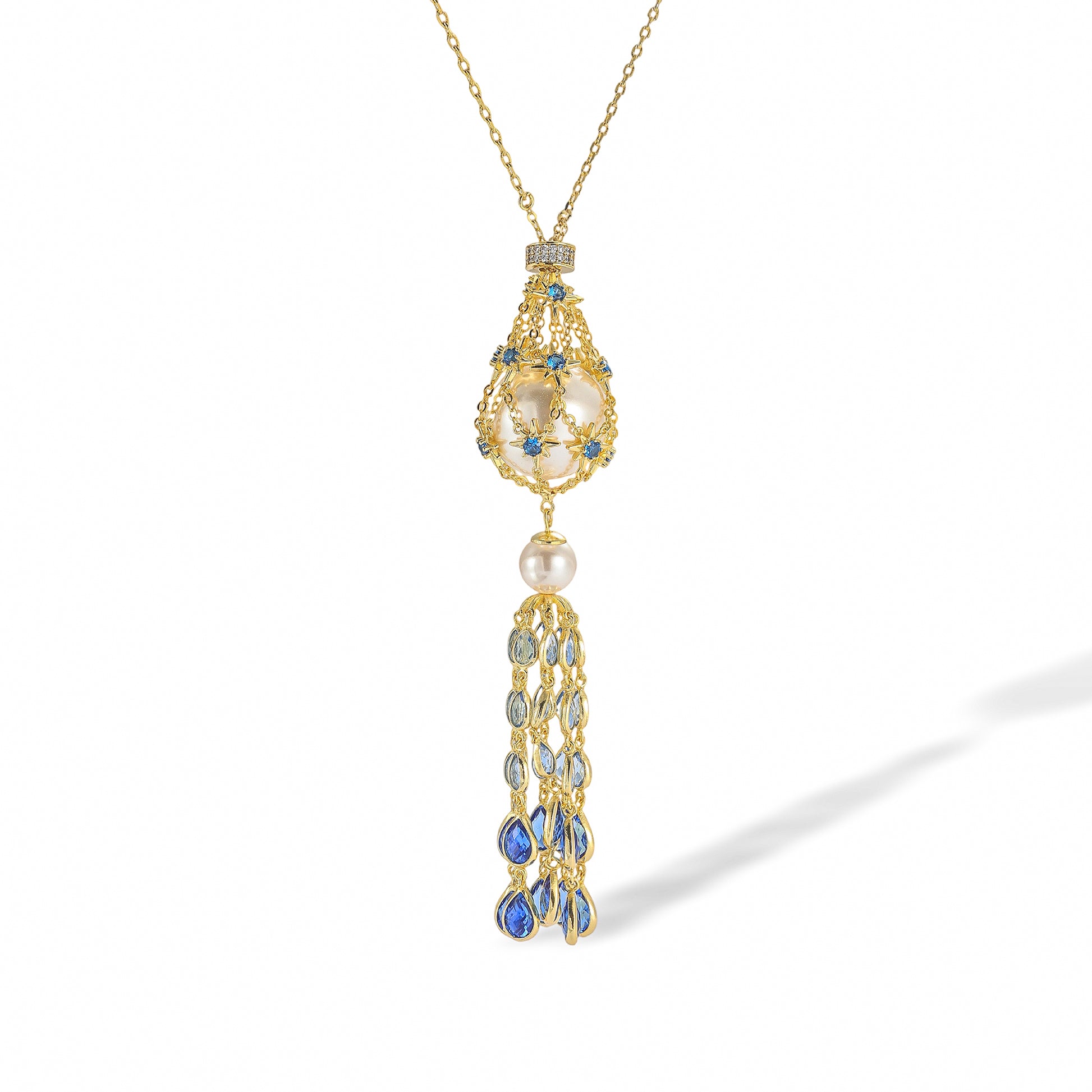 Charette Blue Cage Pearl Starburst Tassel Necklace