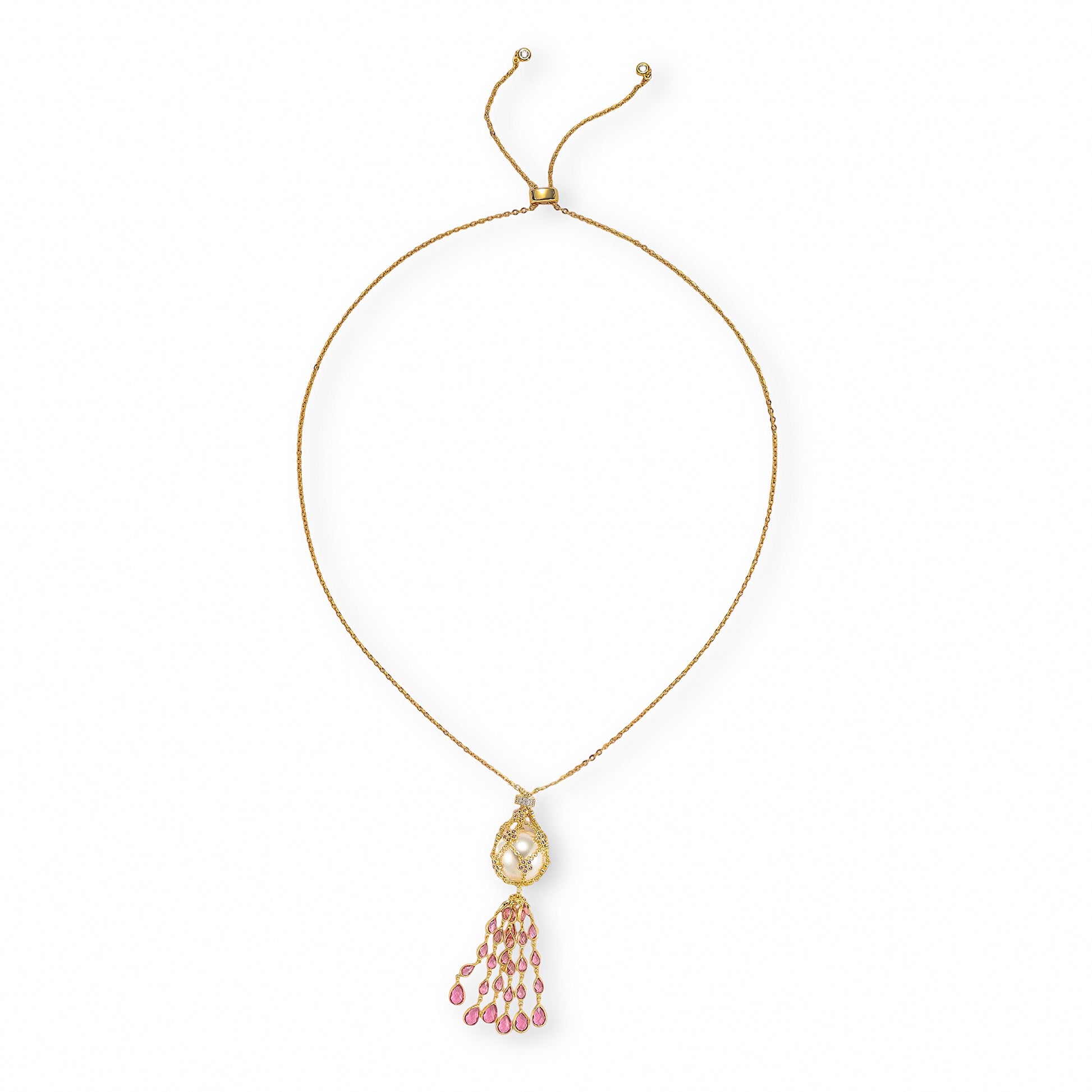 Charette Pink Caged Pearl Floral Tassel Necklace
