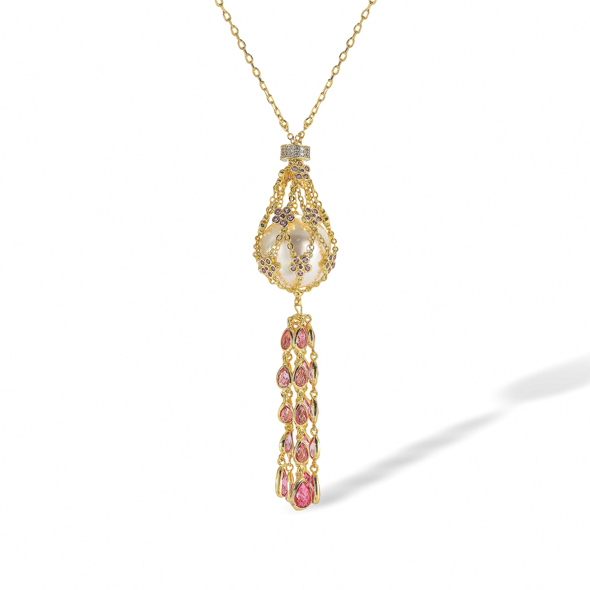 Charette Pink Caged Pearl Floral Tassel Necklace