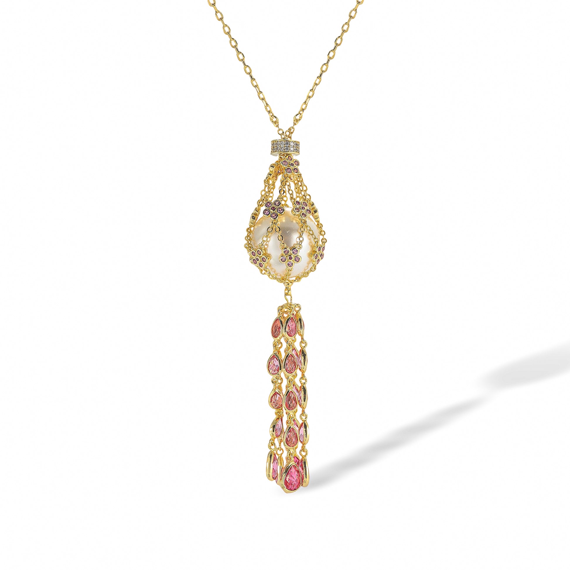 Charette Pink Caged Pearl Floral Tassel Necklace