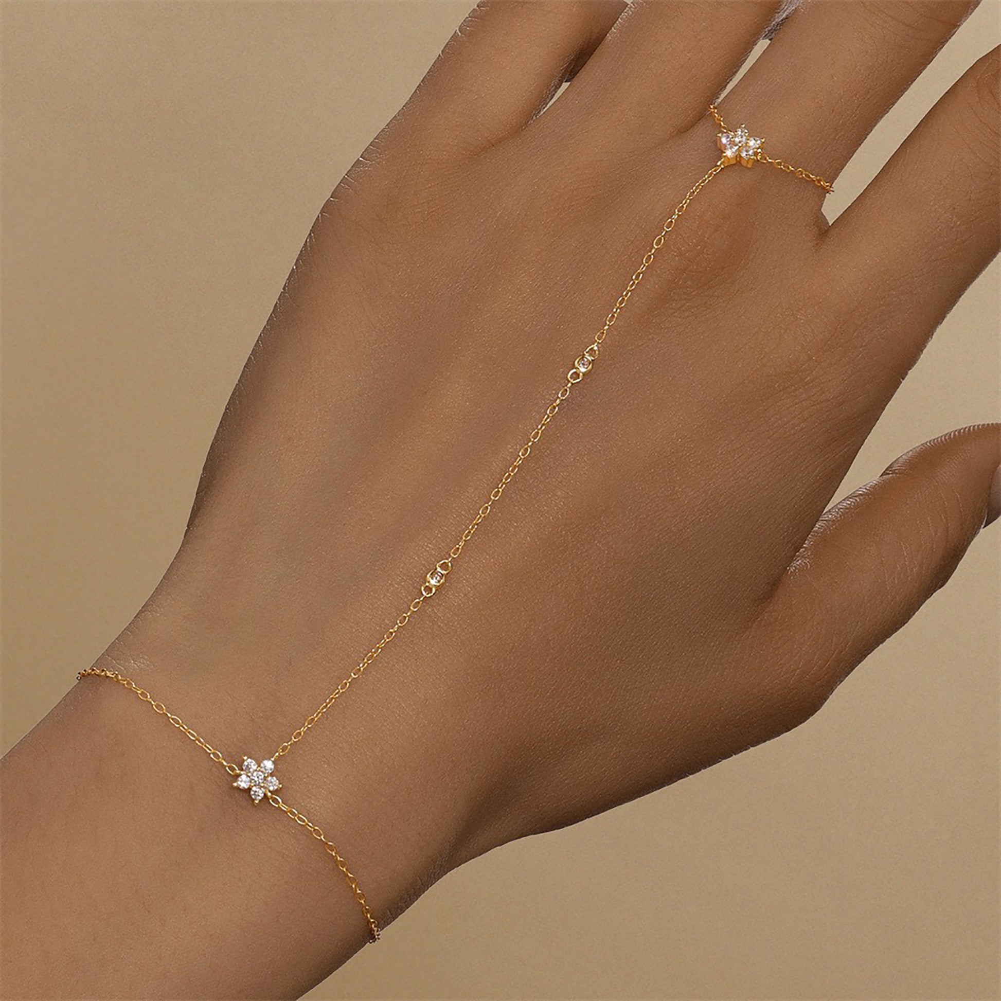 Charlette 18K Gold Floral Linked Finger Bracelet