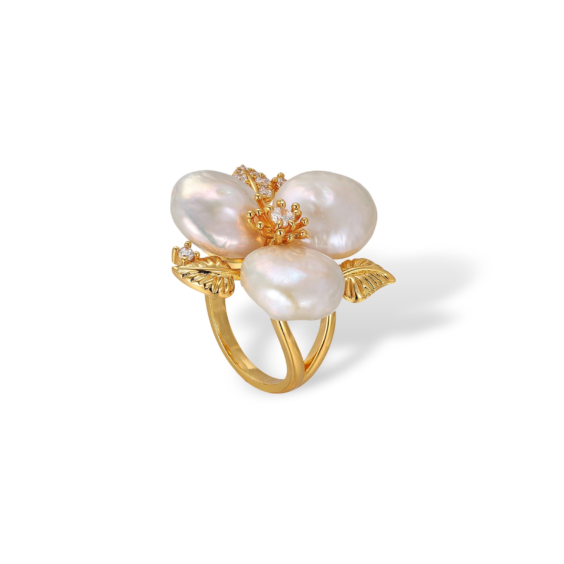 Chimènne White Baroque Pearl Floral Ring