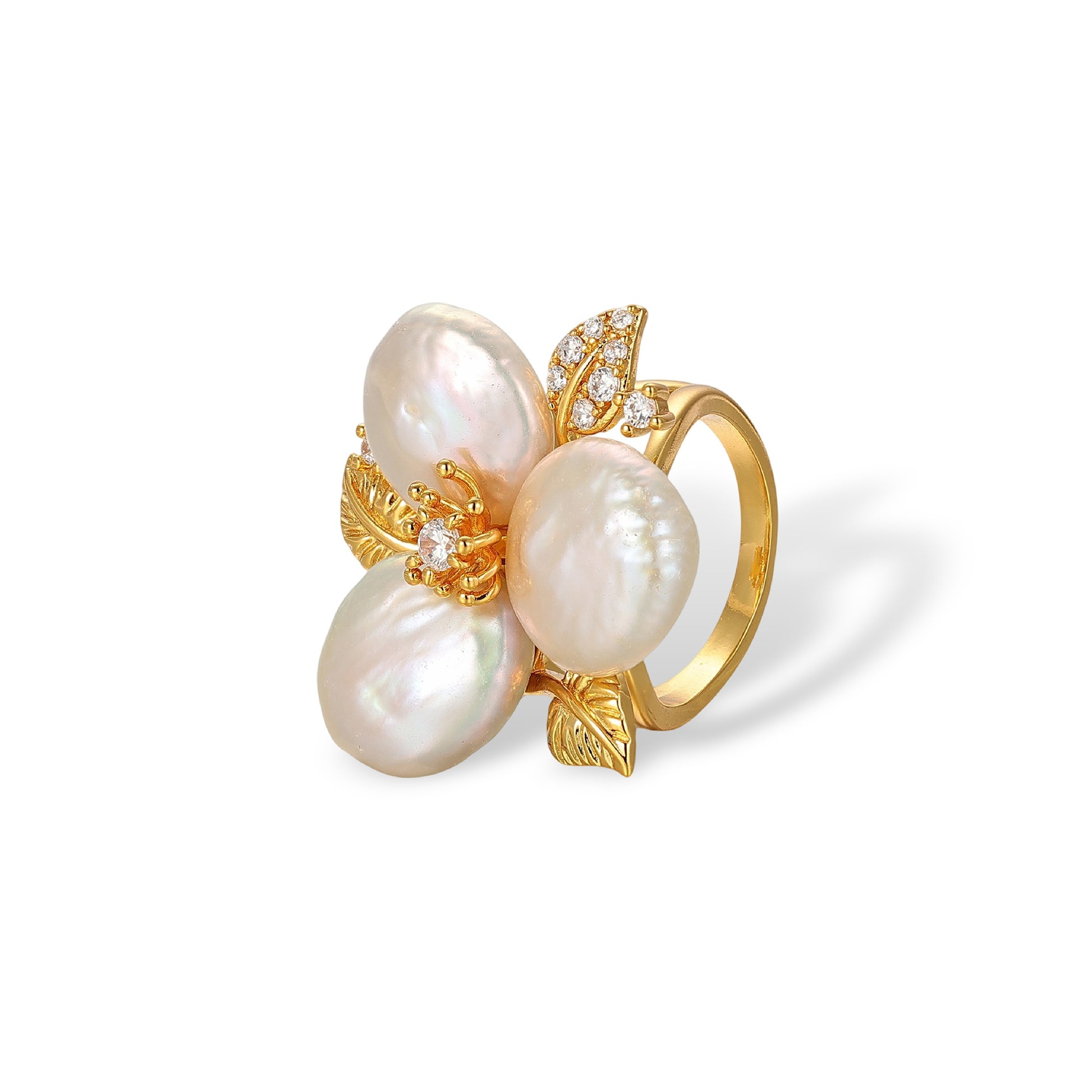 Chimènne White Baroque Pearl Floral Ring