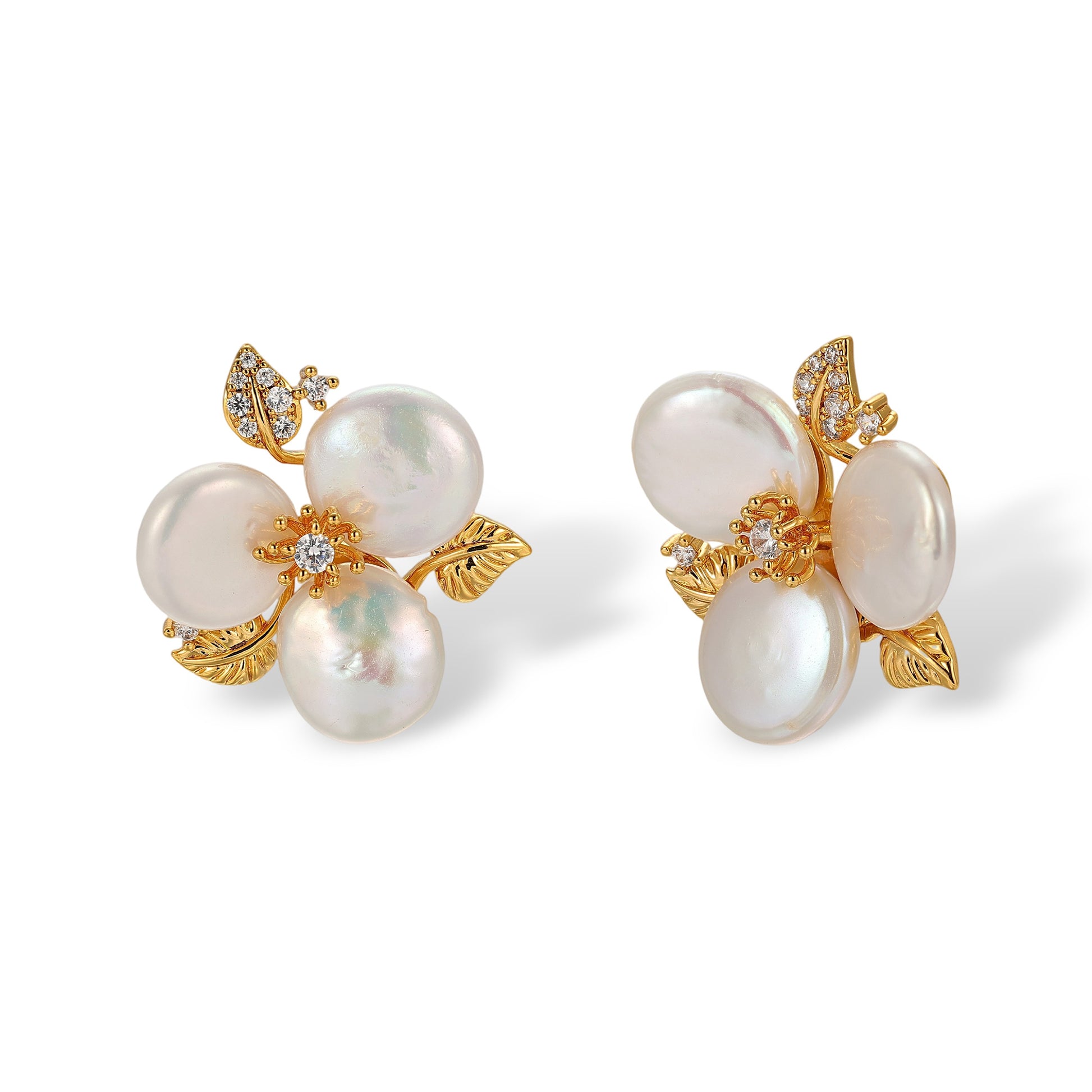 Chimènne White Baroque Pearl Floral Stud Earrings