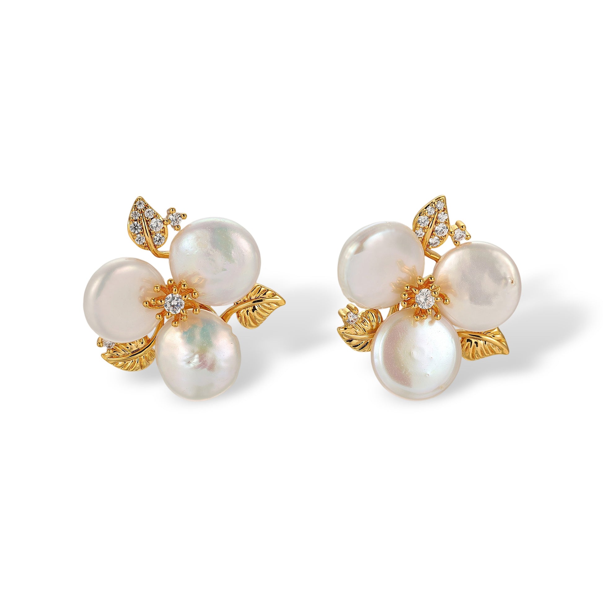 Chimènne White Baroque Pearl Floral Stud Earrings